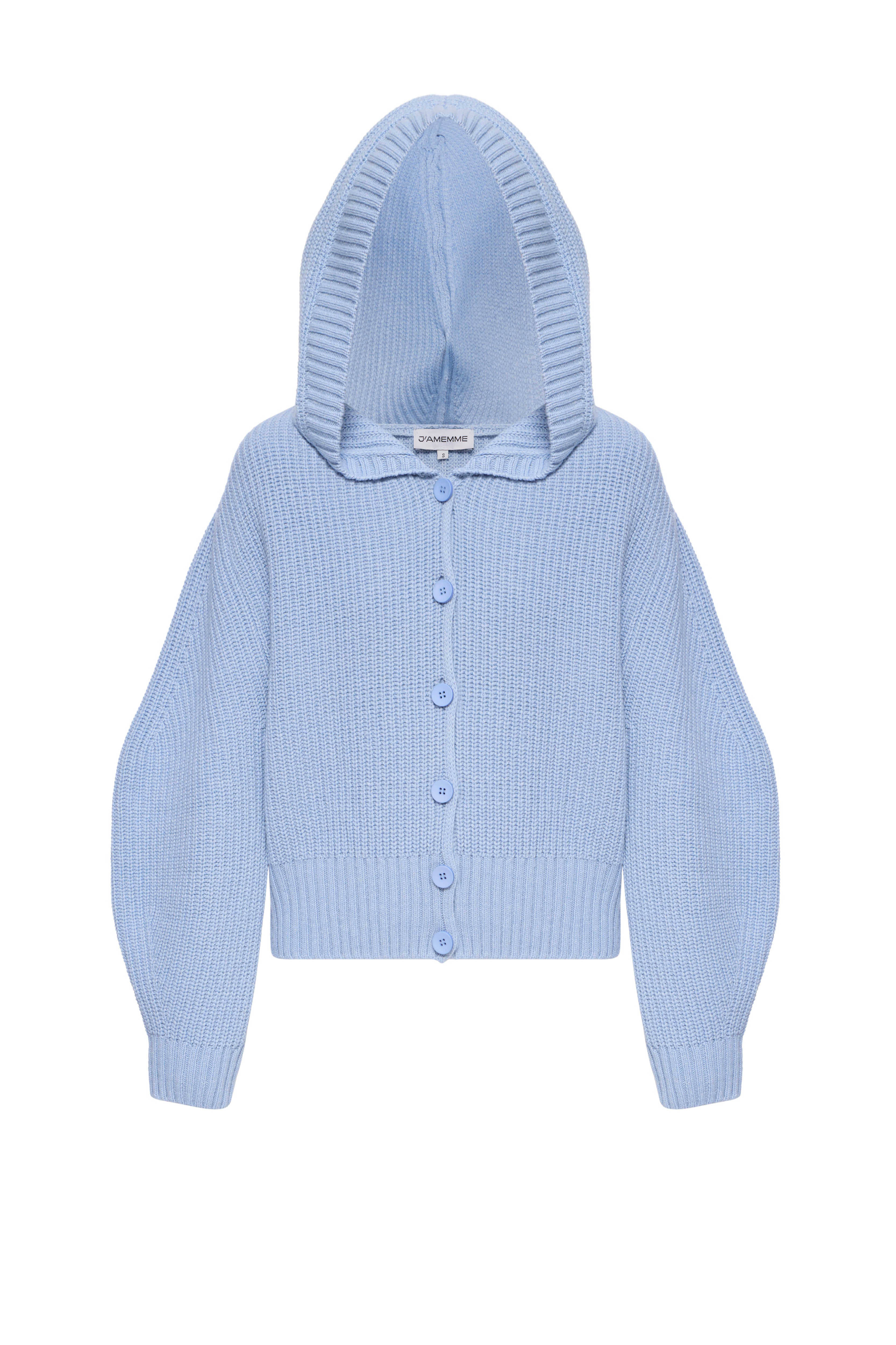 Jamemme Knit Hood Cardigan in Blue - hood detail view, 100% lamb wool, oversize fit, Spring-Summer 2026