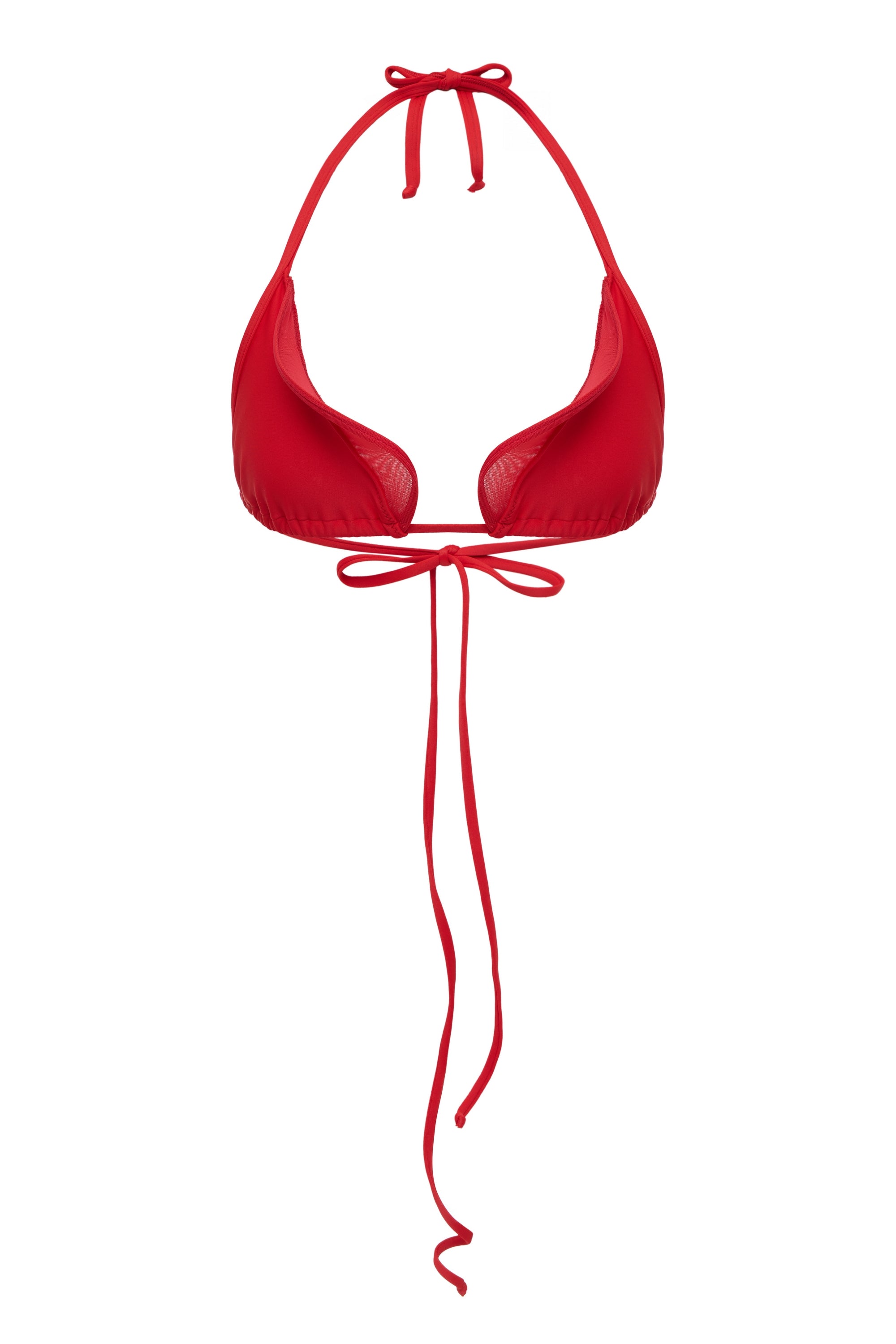 Red triangle bikini top with adjustable ties and a sculpted wave inset, Italian Carvico jersey — J'AMEMME Ligeia, Resort '27
