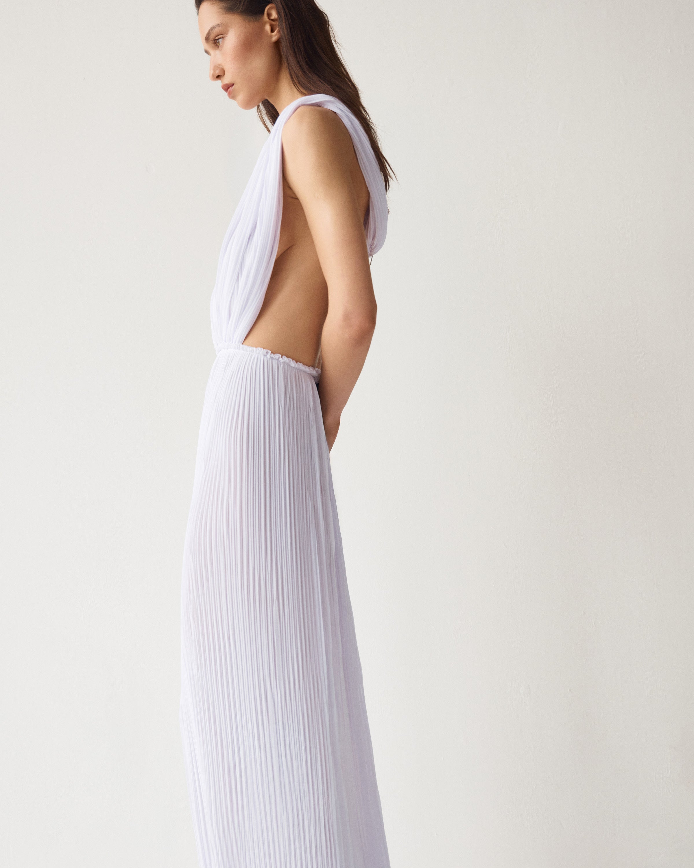 Liona Chiffon Dress by J'amemme - white hooded pleated chiffon gown detail