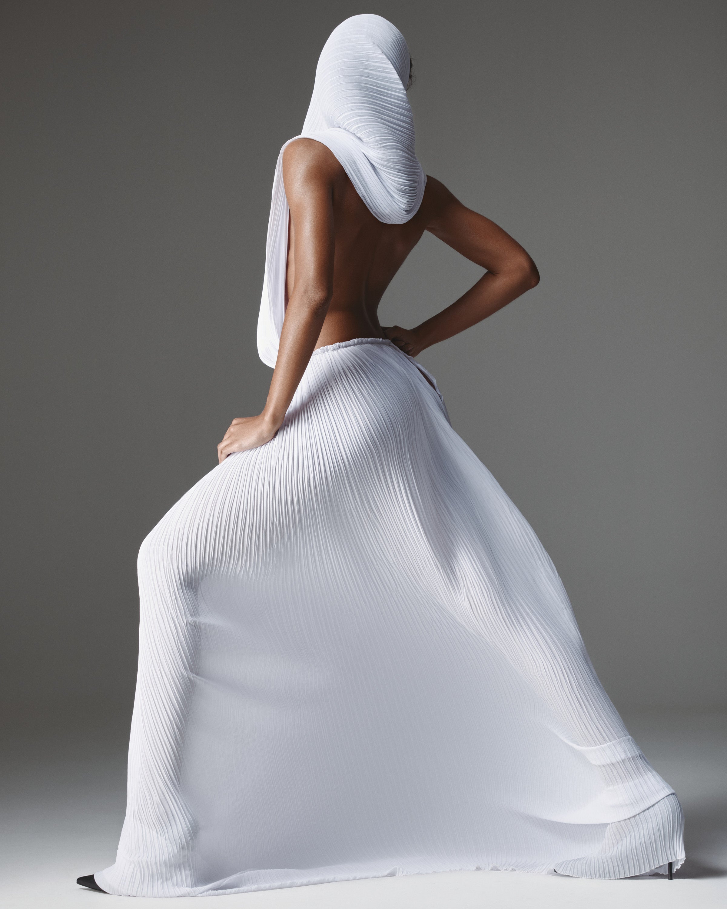 Liona Chiffon Dress by J'amemme - white hooded pleated chiffon gown detail
