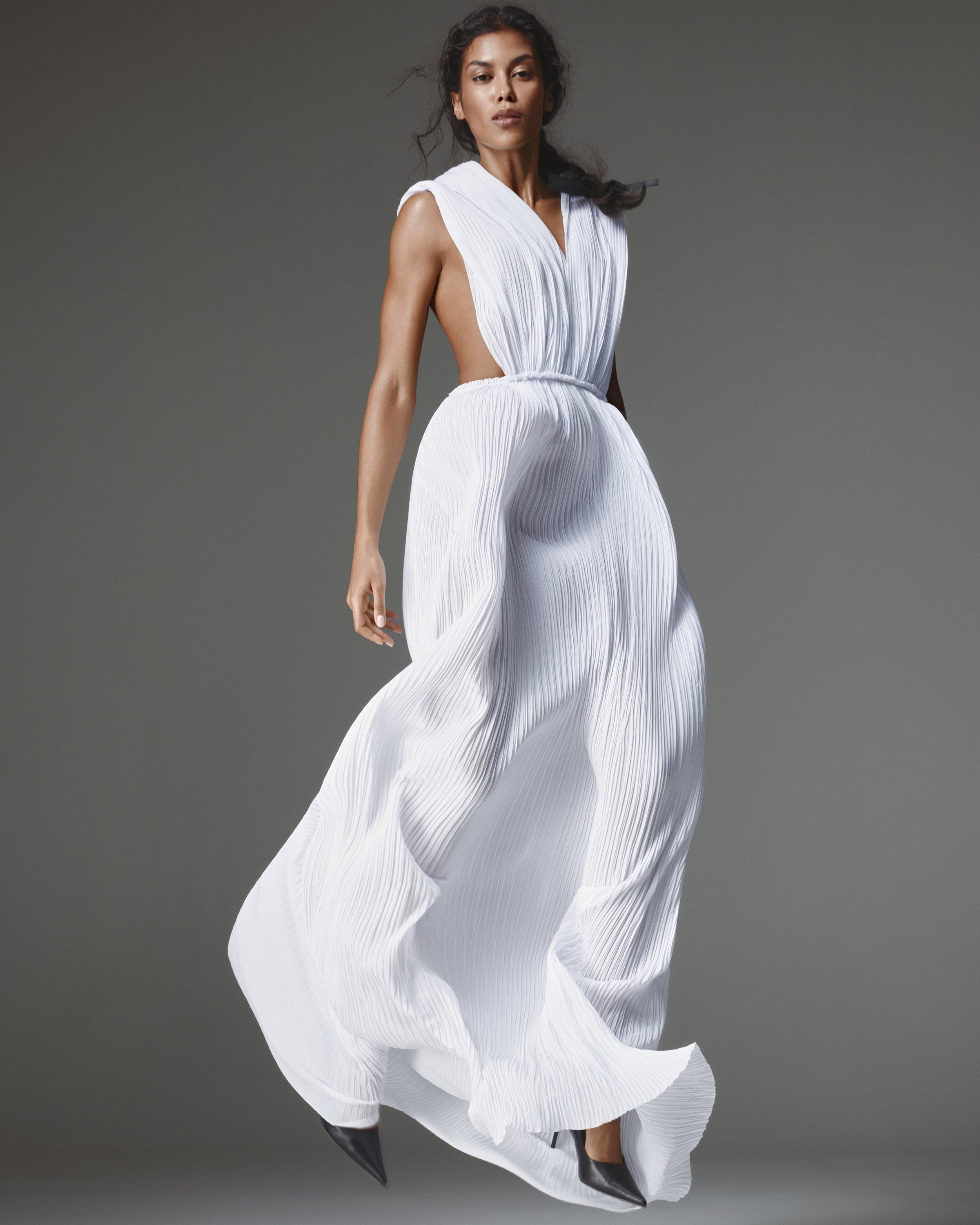 Liona Chiffon Dress by J'amemme - white hooded pleated chiffon gown, deep V front