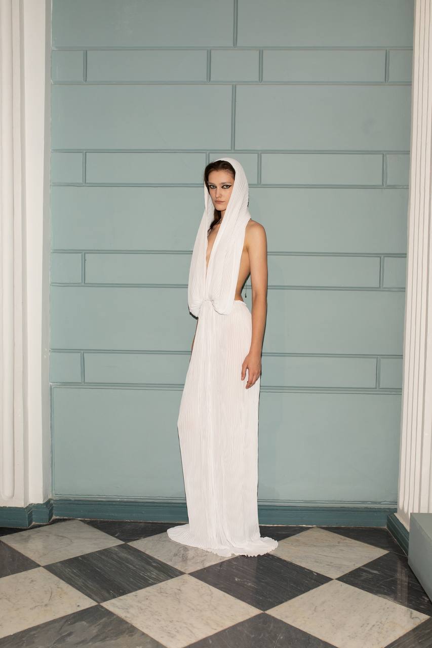 Liona Chiffon Dress by J'amemme - model side view, hooded pleated chiffon gown