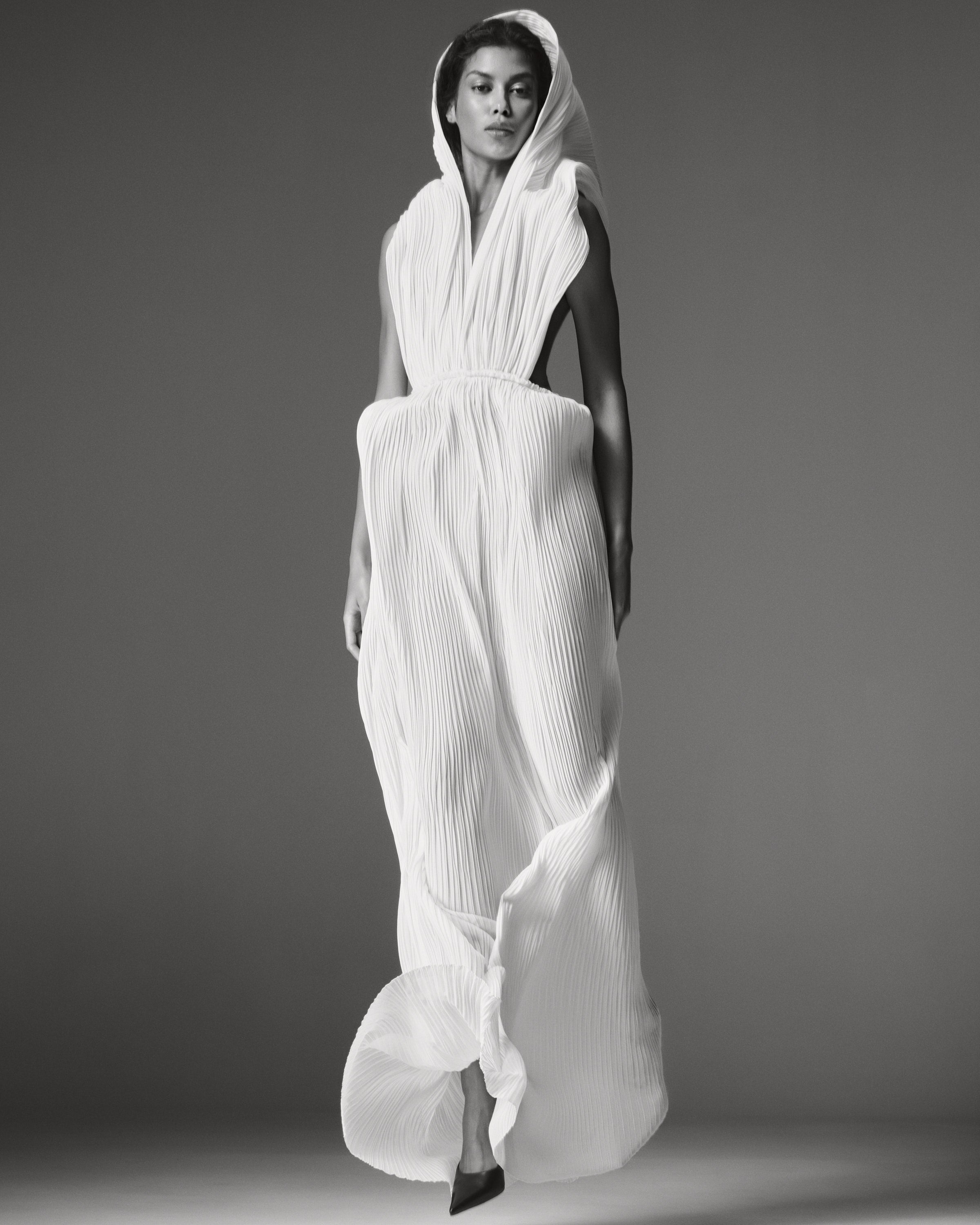 Liona Chiffon Dress by J'amemme - white pleated chiffon gown, open back view