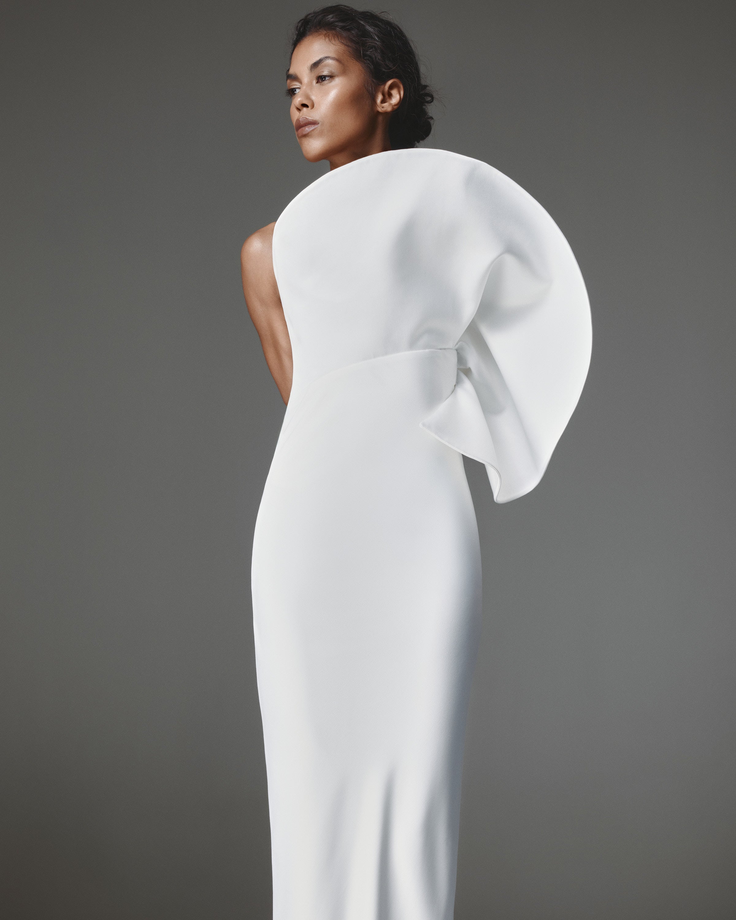 Manon Dress by J'amemme — back view of one-shoulder crepe gown with circular ruffle