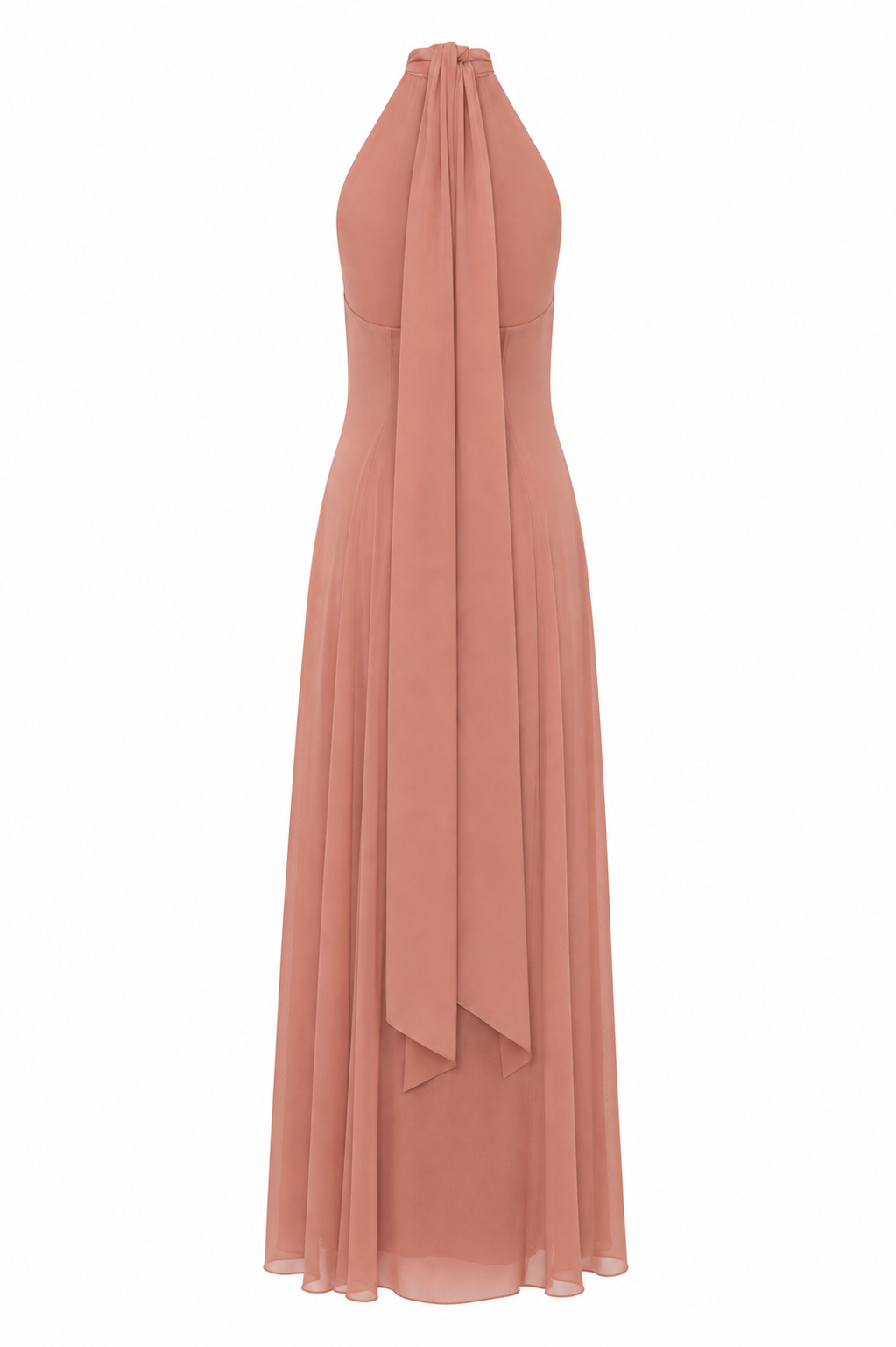 Jamemme Mia Chiffon Dress Caramel - turtleneck scarf detail open back view SS26