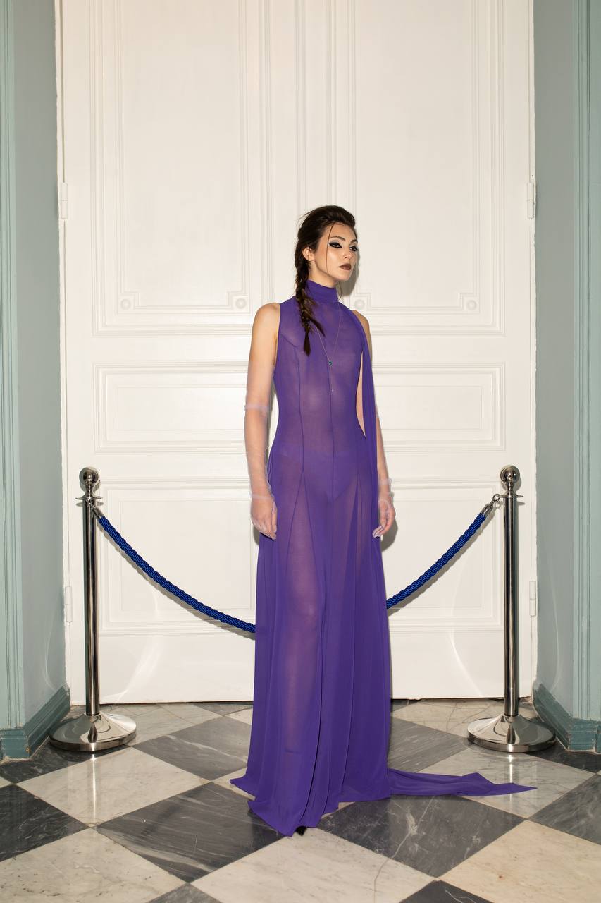 Mia Chiffon Dress Purple - model full look at event, Jamemme SS26