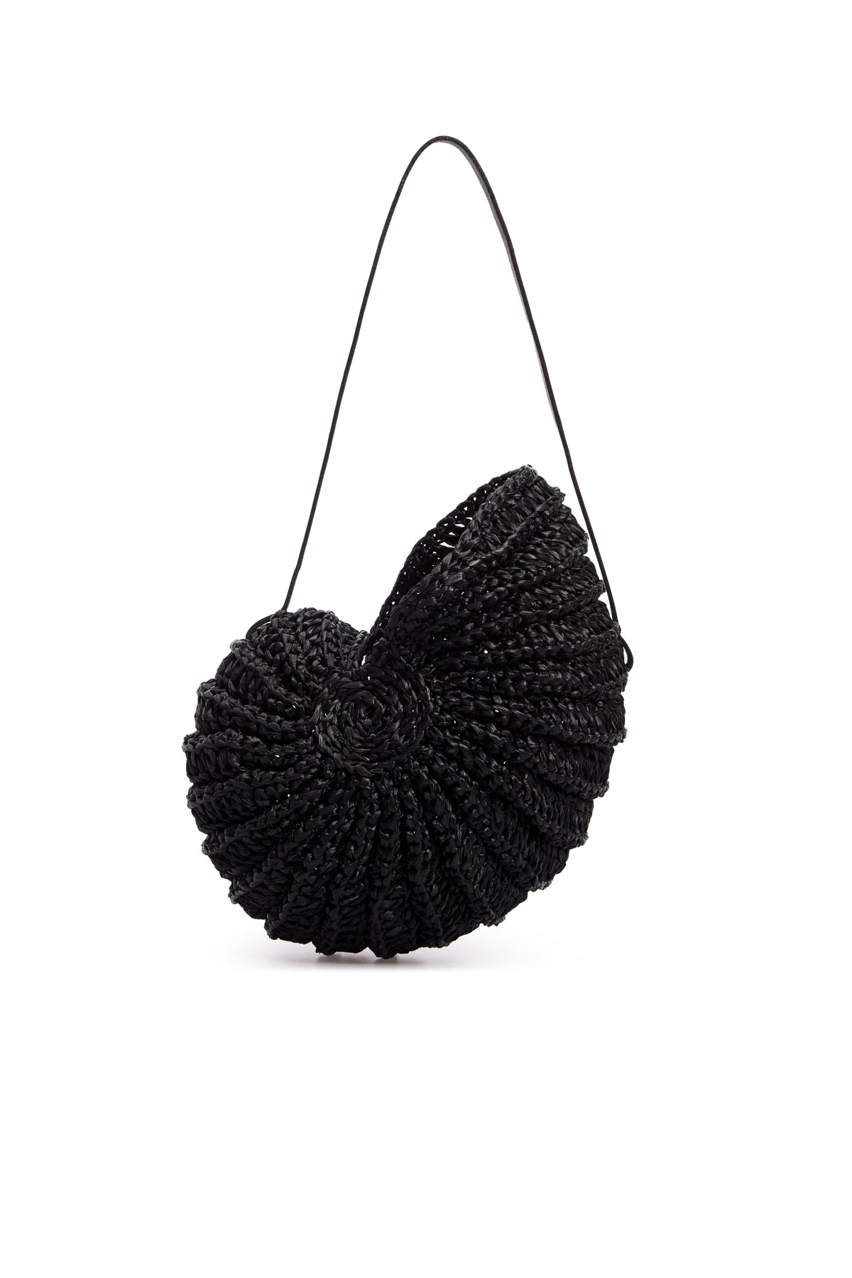 Detail of the hand-woven raffia spiral on the black Nautilus bag — J'AMEMME