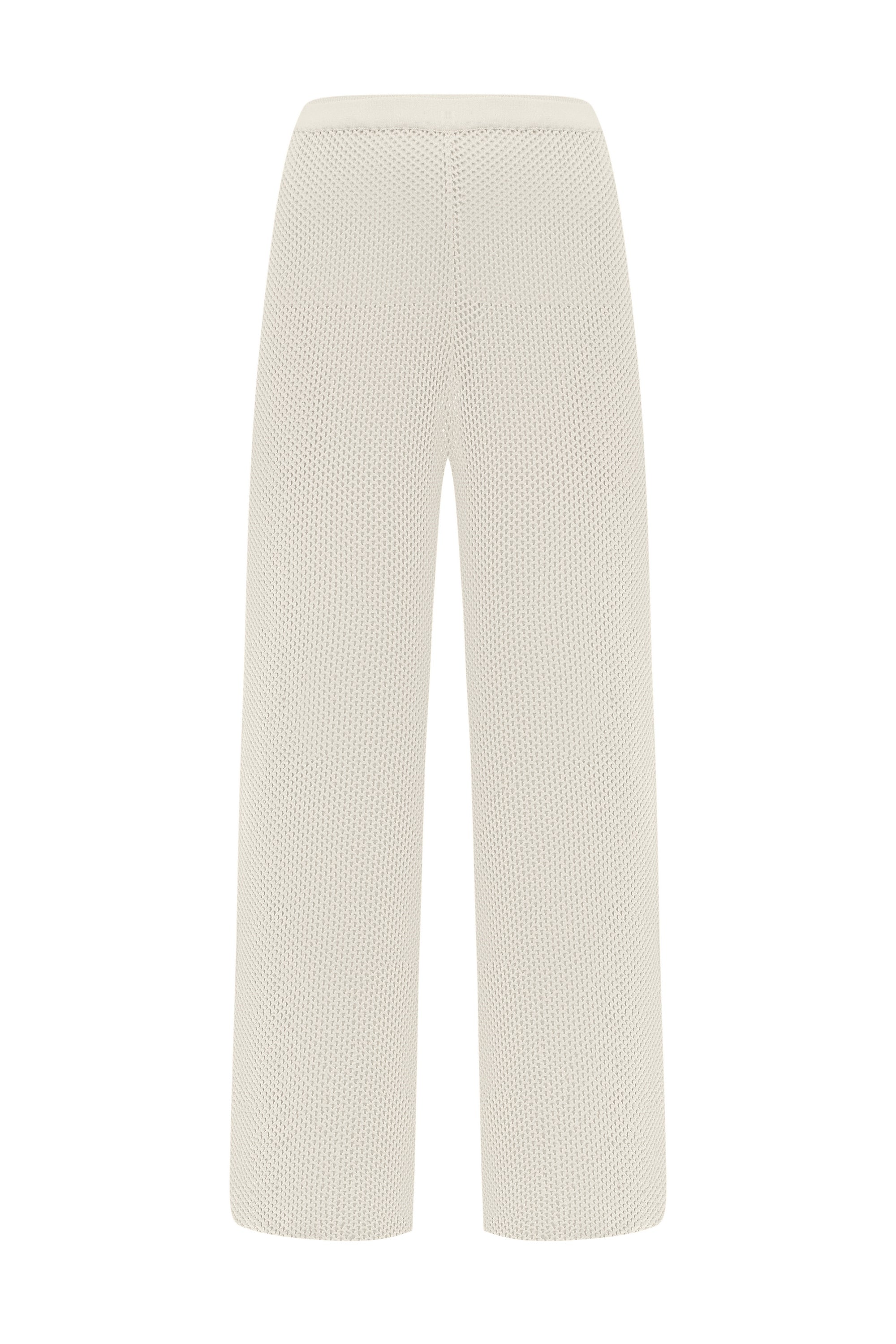 The beige Nereis open-knit set shown complete as top, trousers and scarf — J'AMEMME, Resort '27