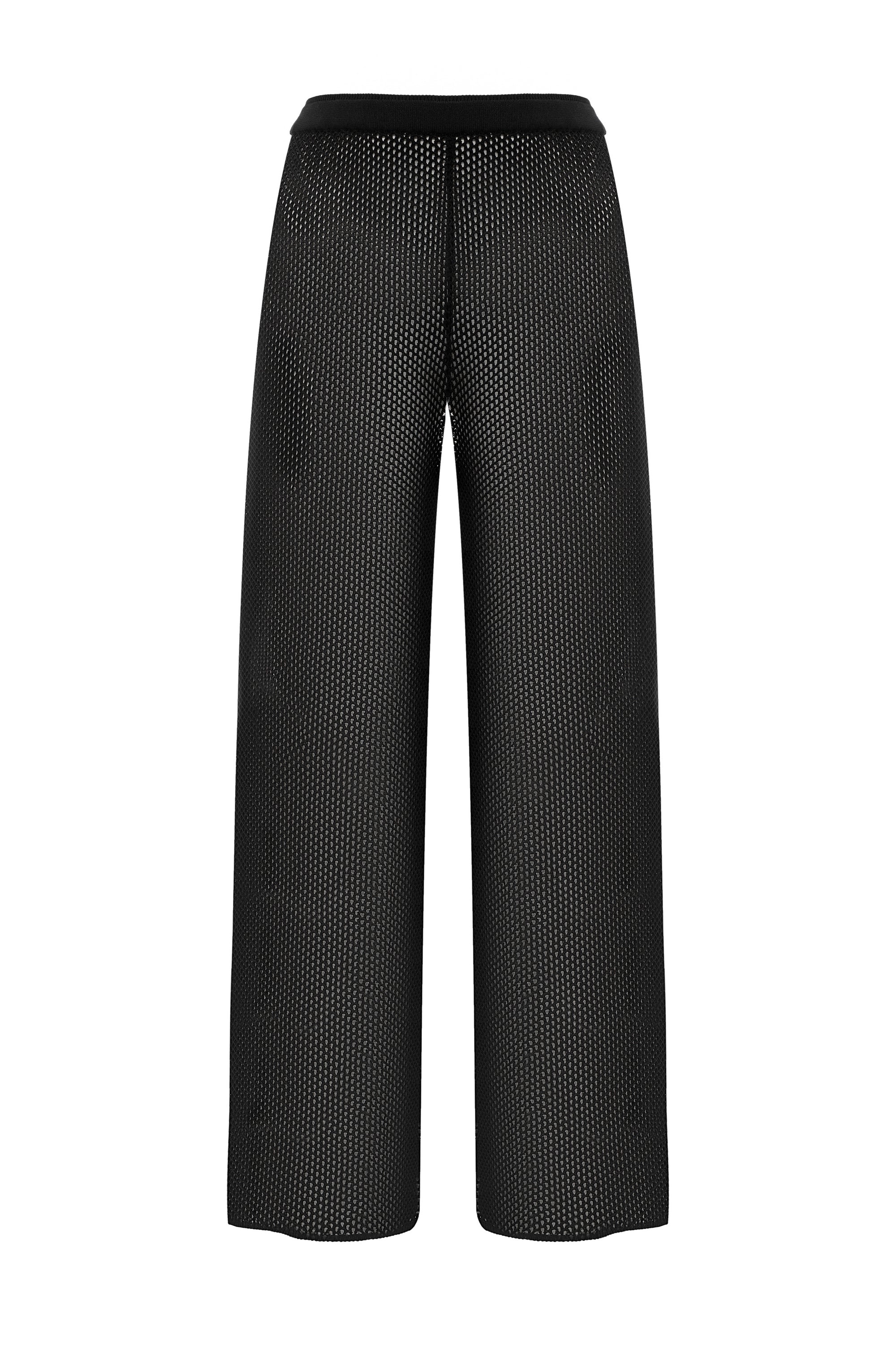 The black Nereis open-knit set shown complete as top, trousers and scarf — J'AMEMME, Resort '27
