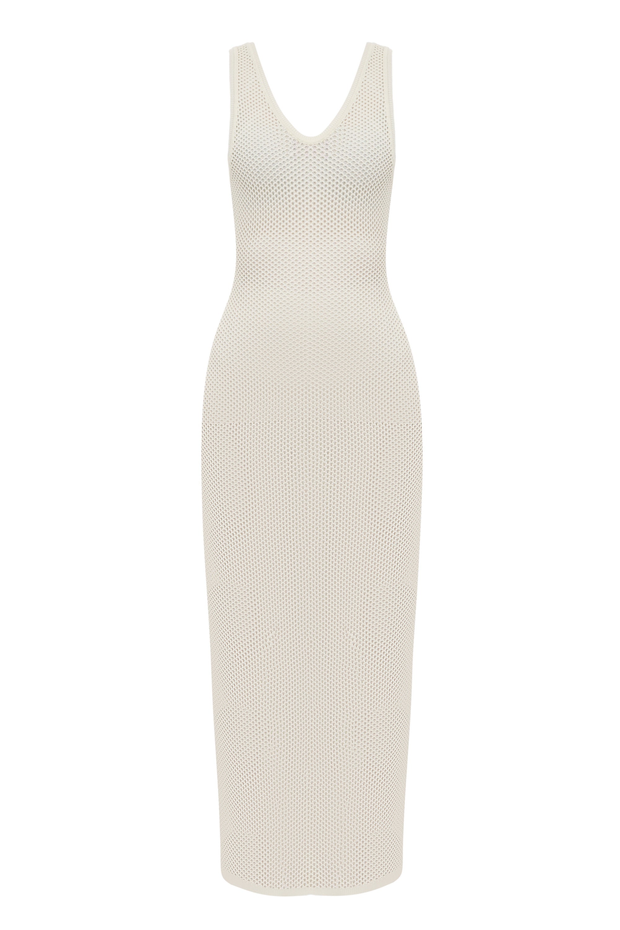 Beige open-knit mesh beach dress, unlined, to wear over swimwear — J'AMEMME Nereis, Resort '27