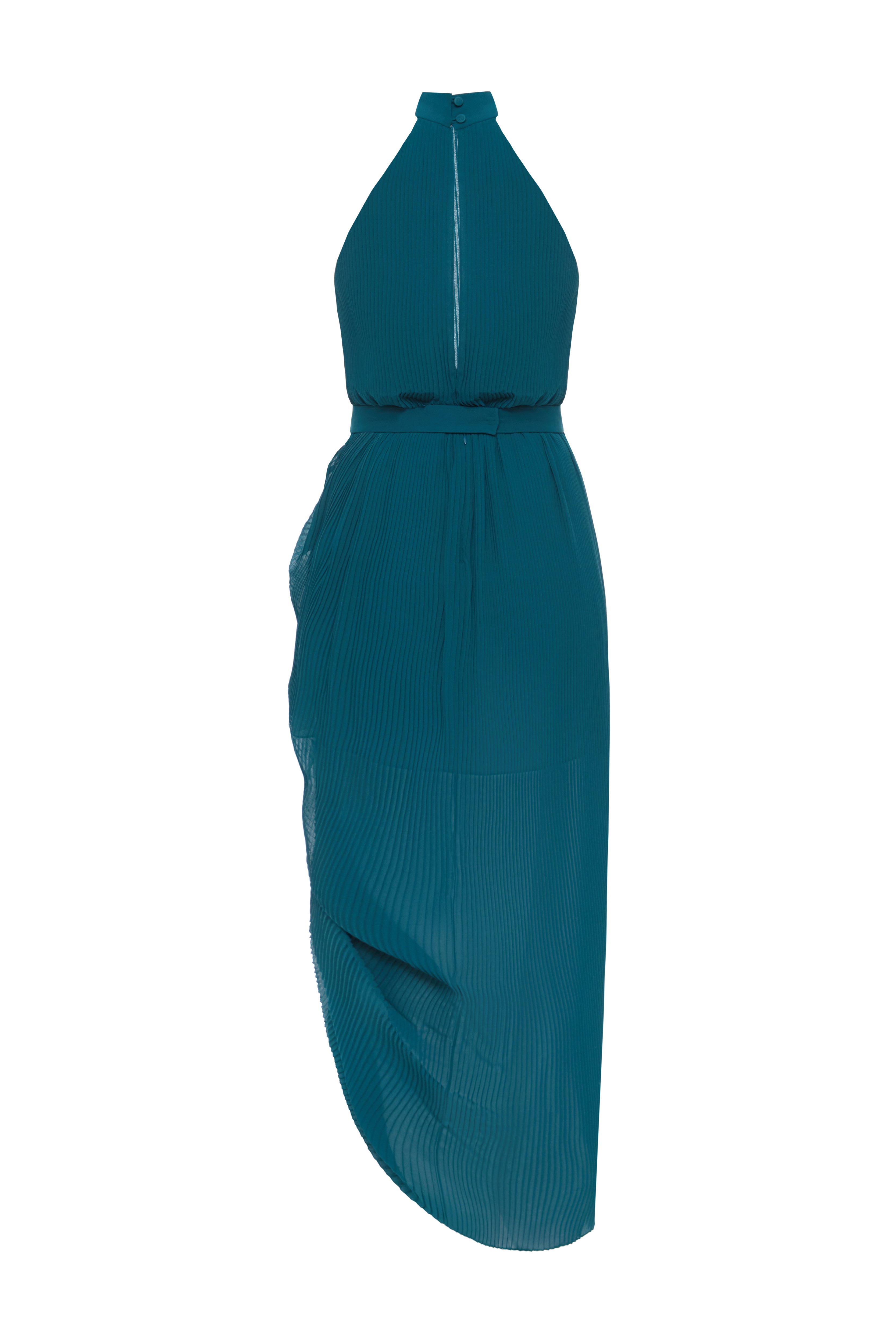 Jamemme Oman Chiffon Dress in green - sleeveless hand-pleated chiffon, back view with waist belt detail, SS26