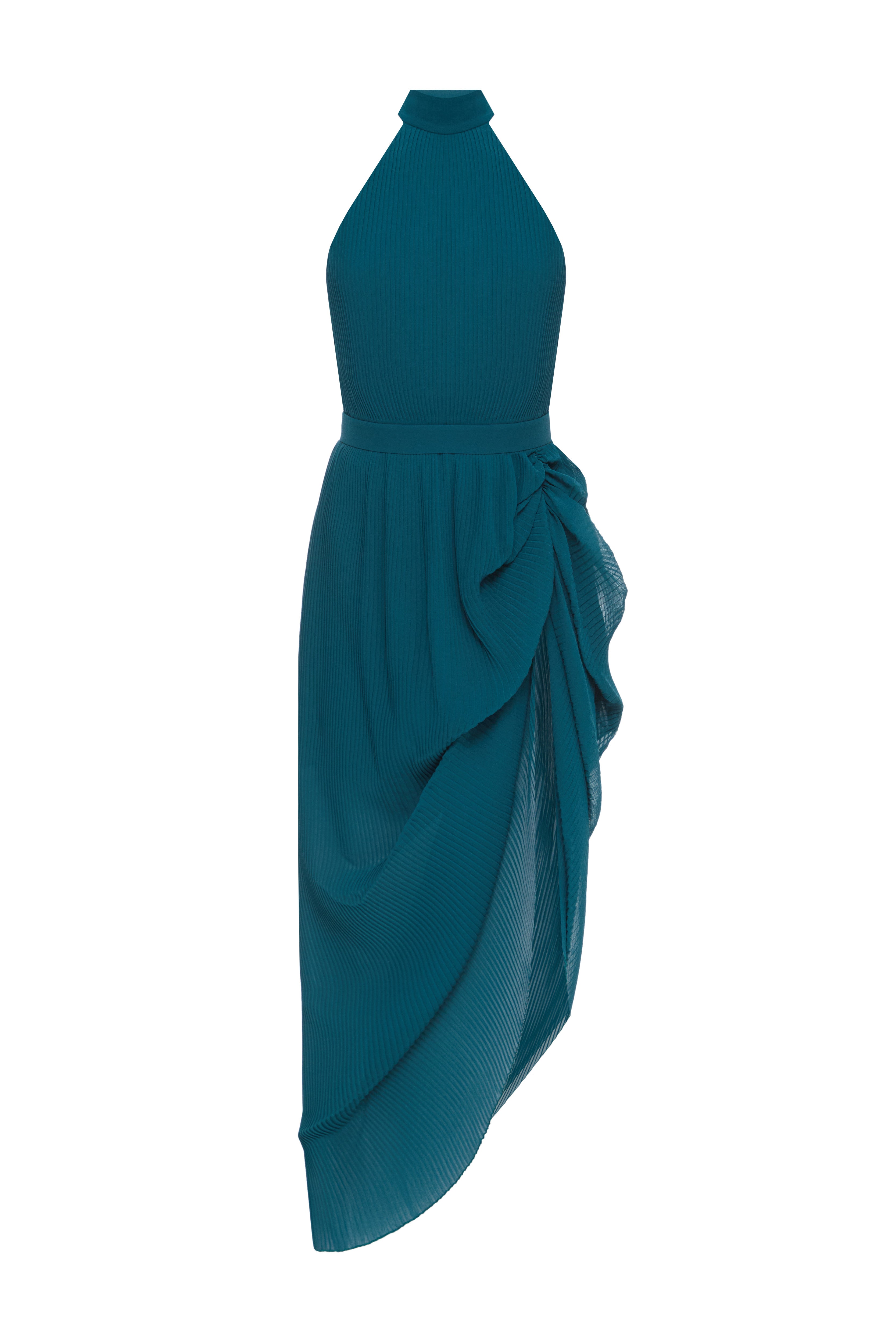 Jamemme Oman Chiffon Dress in green - hand-pleated sleeveless chiffon with leg cutout and waist belt, SS26