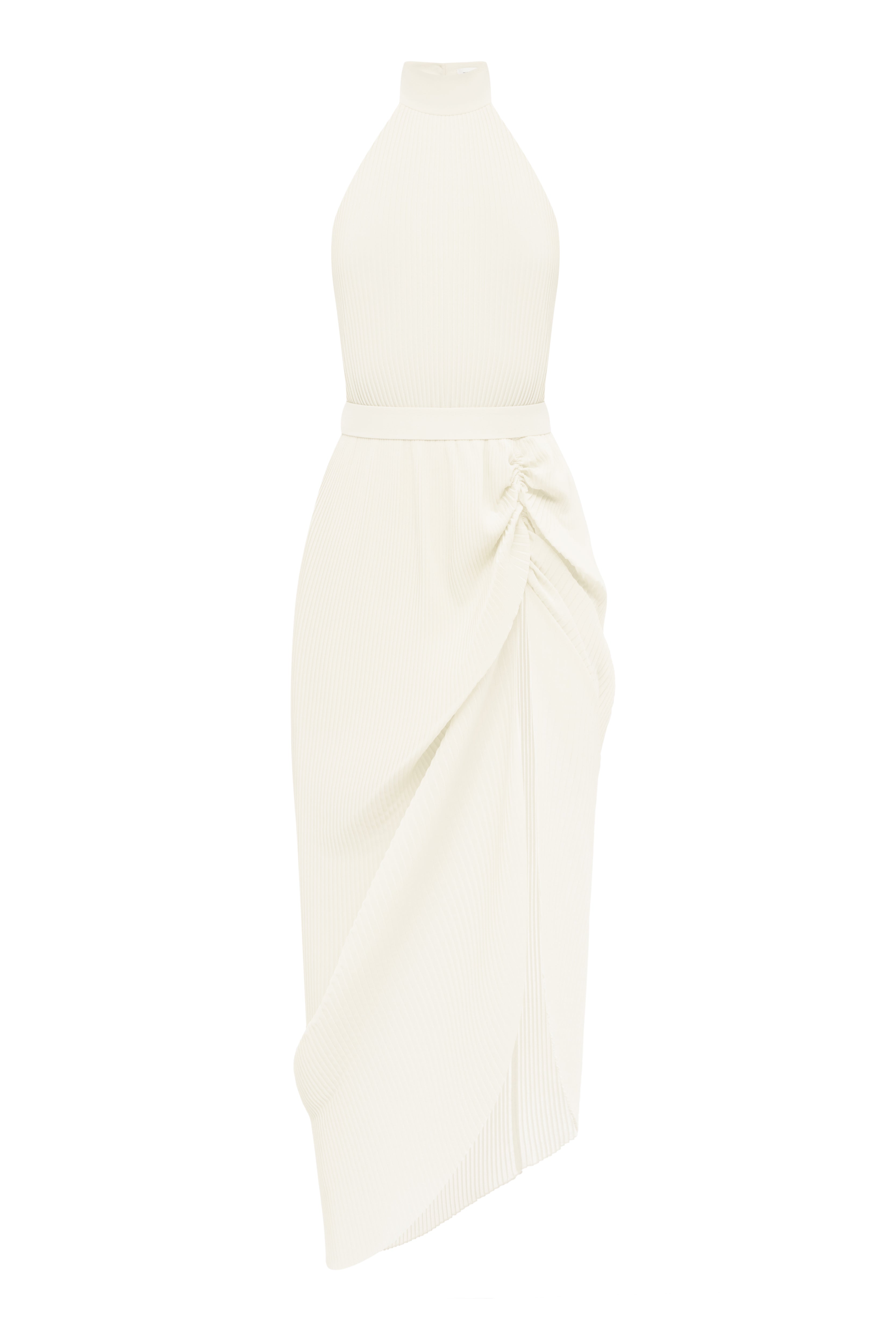 Jamemme Oman Chiffon Dress in white - hand-pleated sleeveless gown with leg cutout and waist belt, bridal and event wear SS26