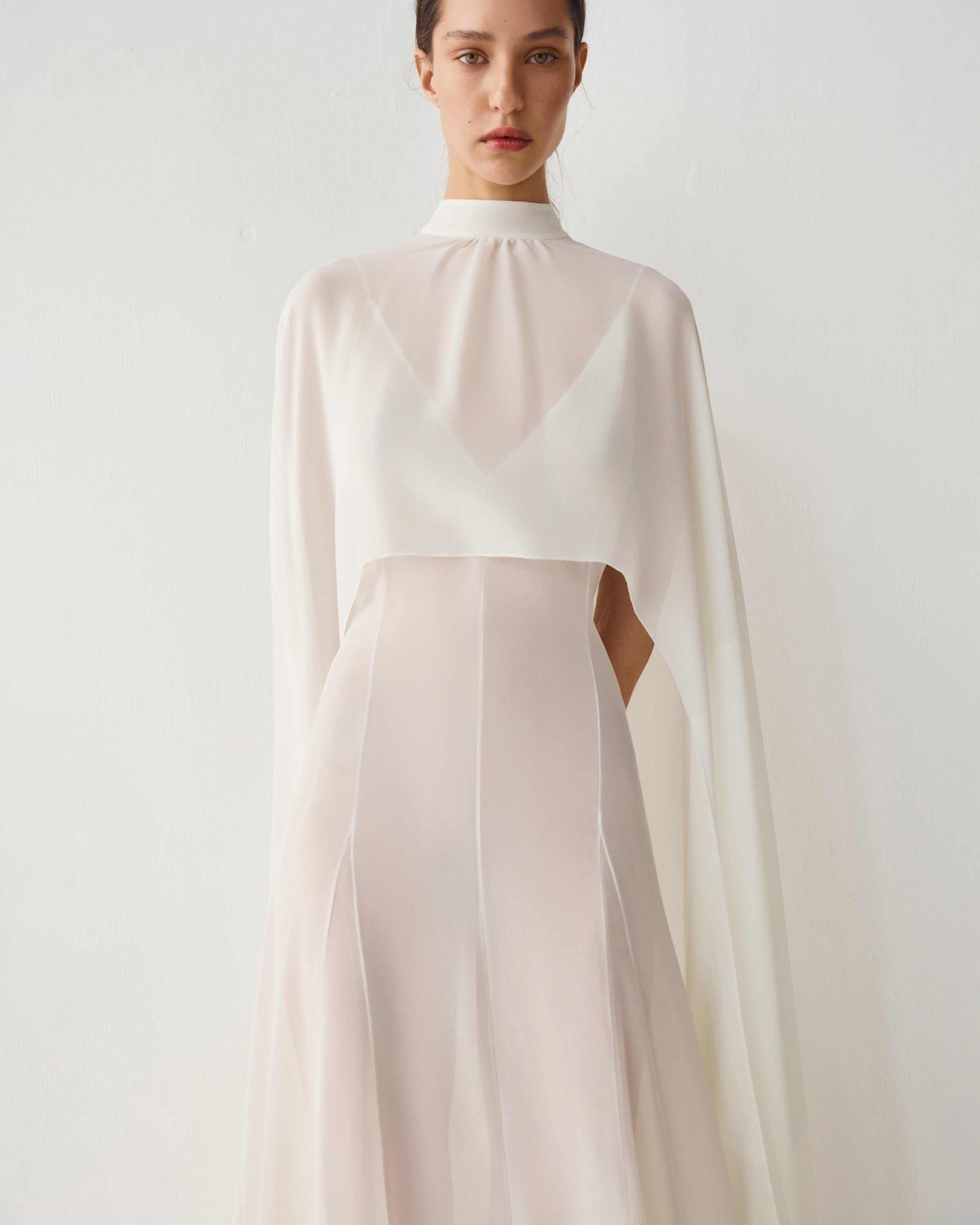 Patrizzia Chiffon Cape by J'amemme — close view of the gathered stand collar and capelet yoke
