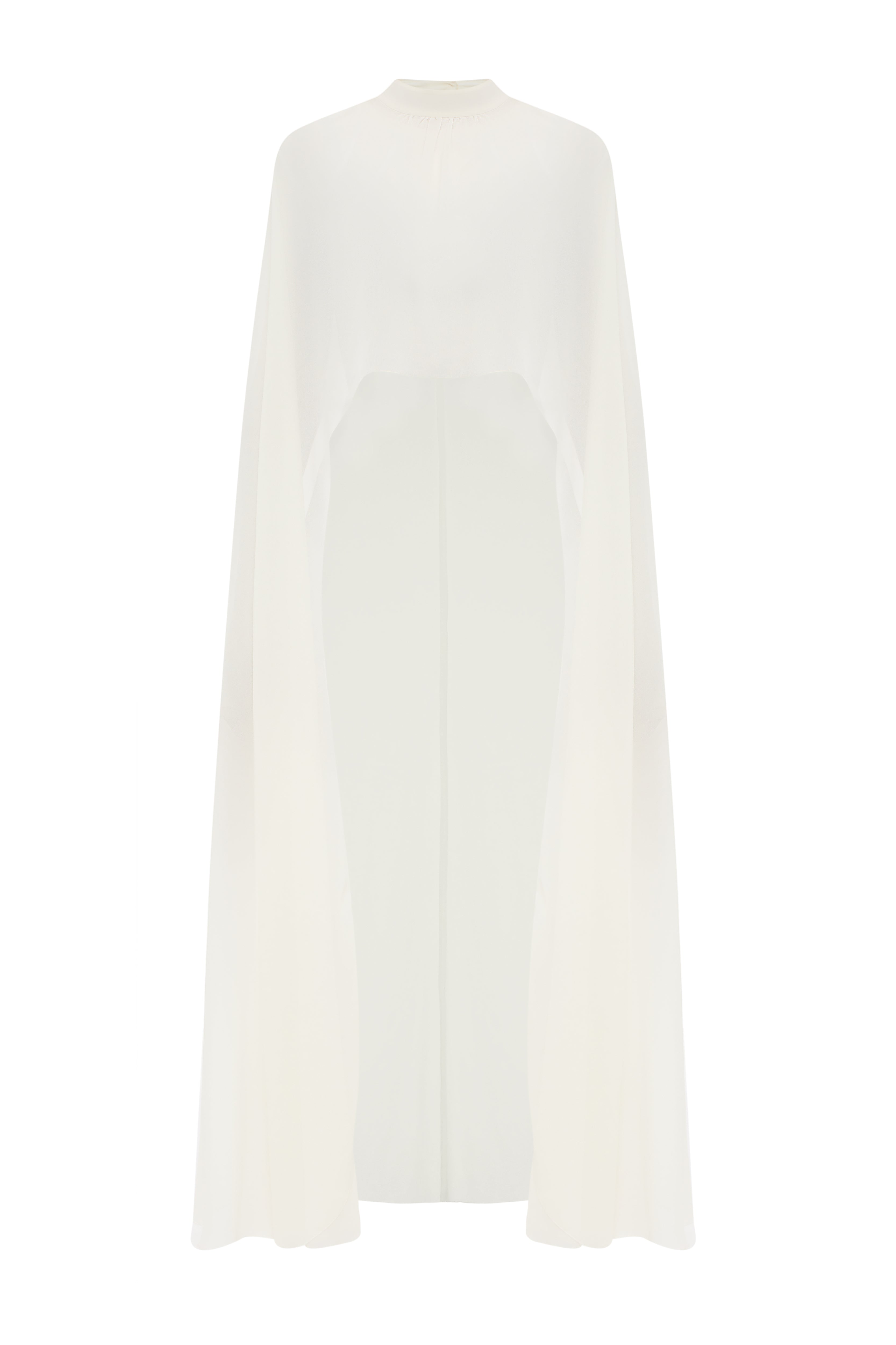 Patrizzia Chiffon Cape by J'amemme — flat product shot of the sheer chiffon cape with stand collar and long panels