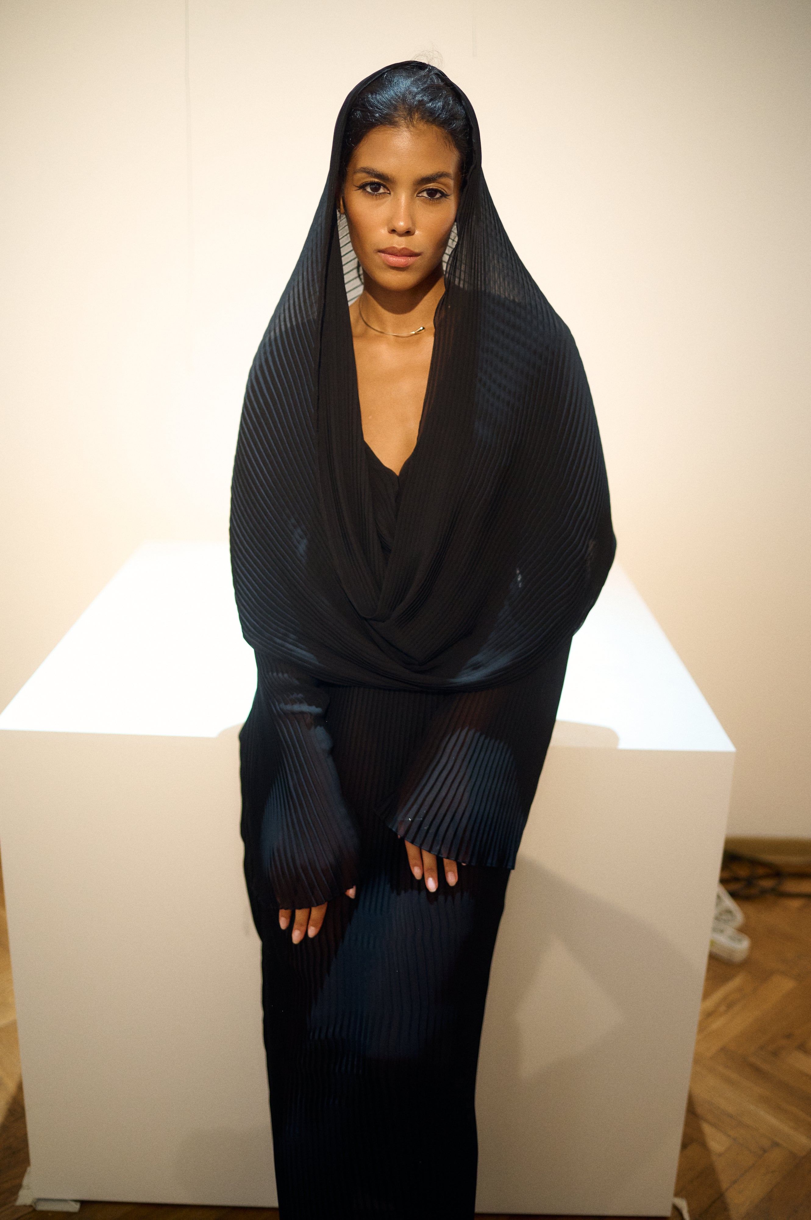 Polly Chiffon Dress Black – editorial model with hood in studio setting, Jamemme SS26