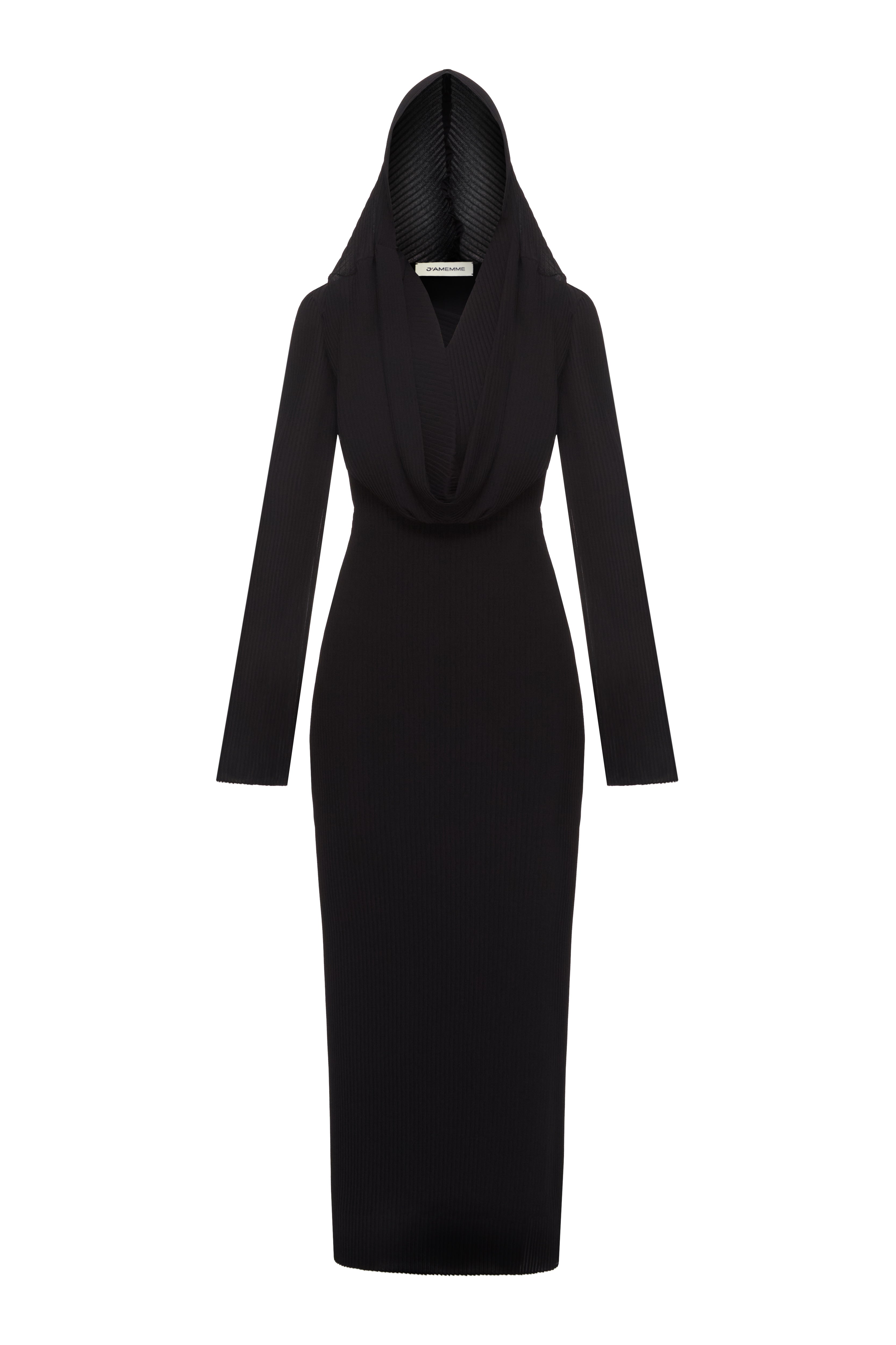 Polly Chiffon Dress Black – front view with accent hood, Jamemme SS26