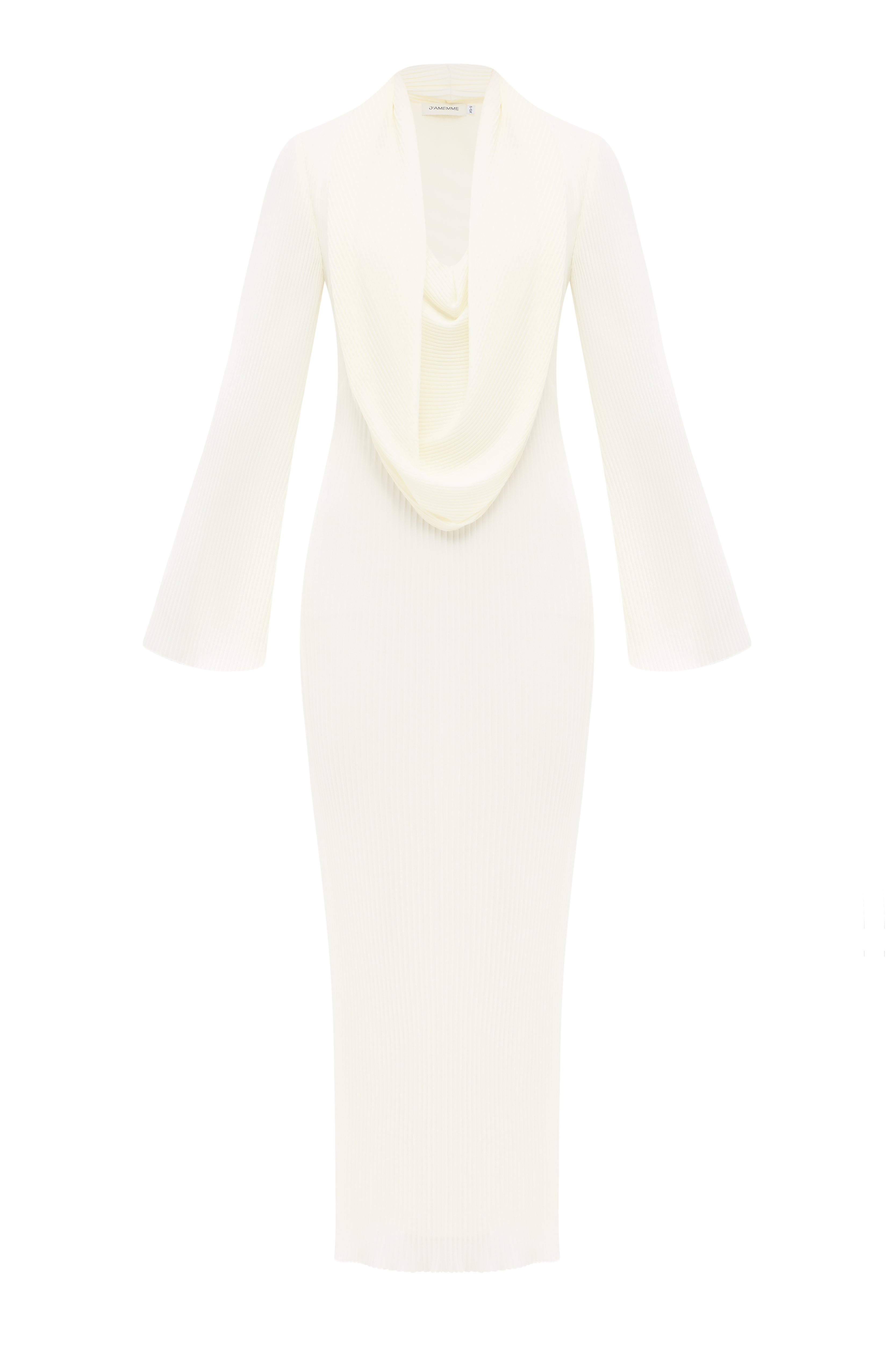 Polly Chiffon Dress in white by Jamemme – fitted silhouette with open hood, bridal wedding dress SS26