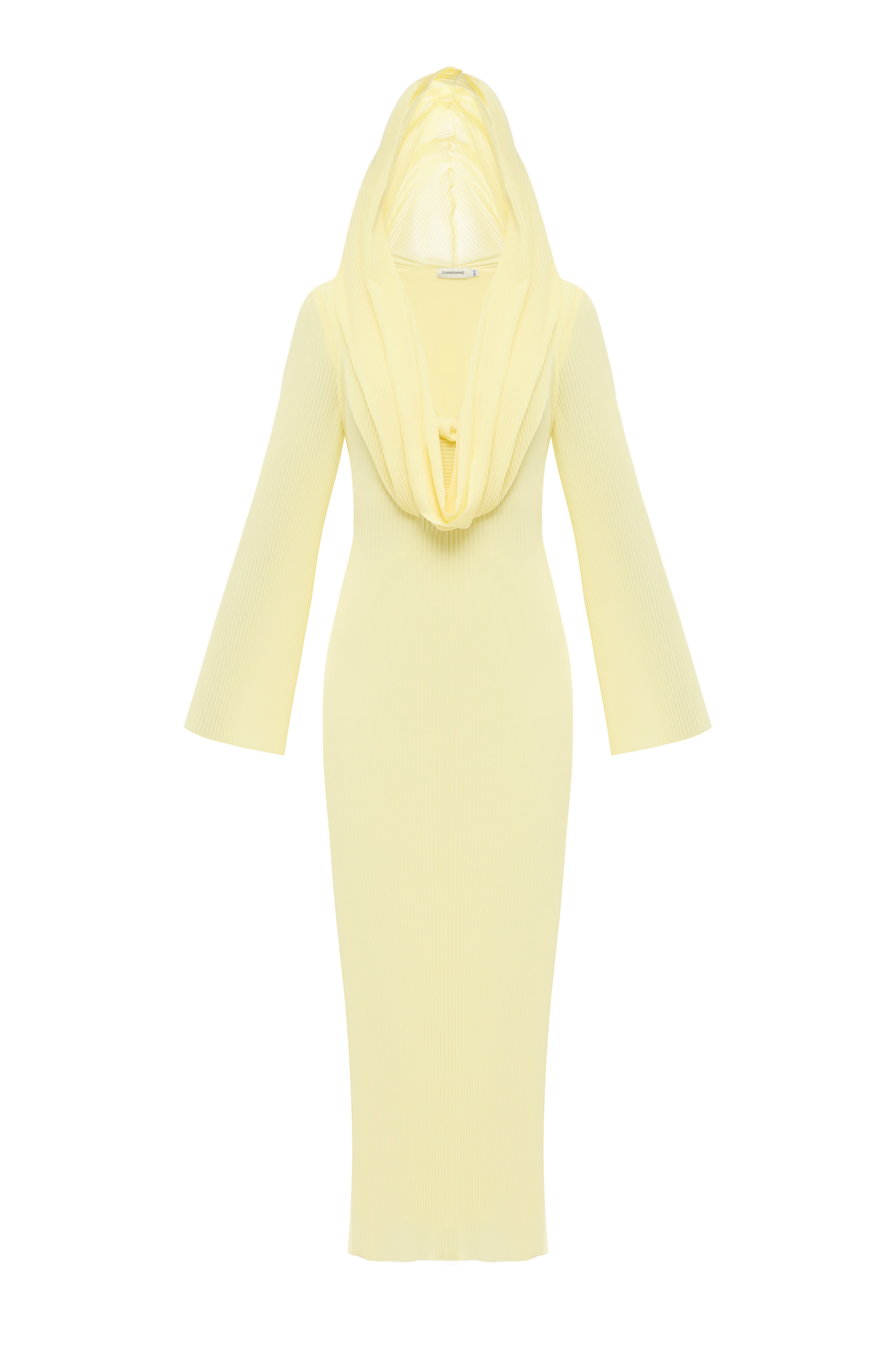Polly Chiffon Dress in yellow by Jamemme – hooded hand-pleated chiffon dress with sleeves, SS26