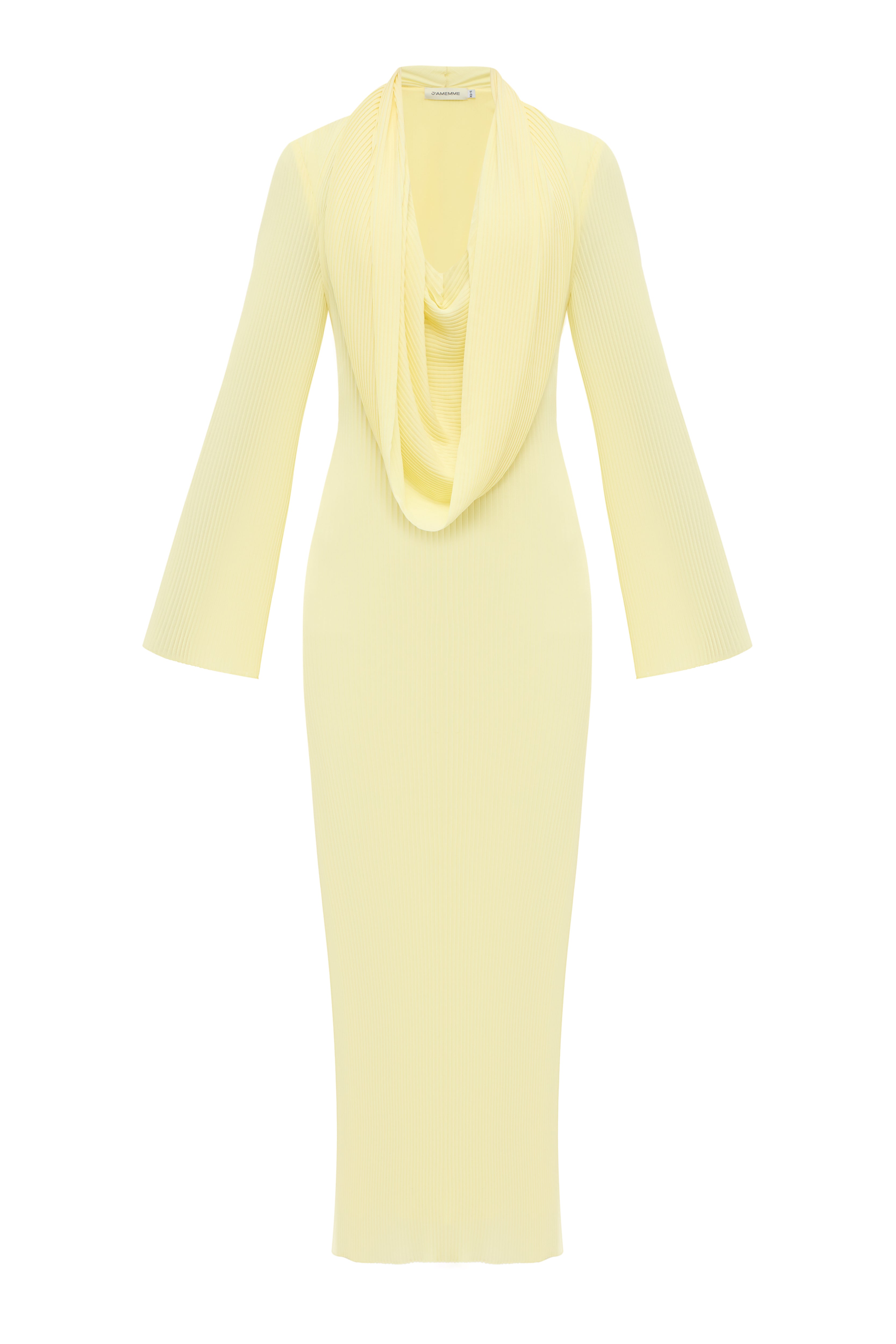 Polly Chiffon Dress in yellow by Jamemme – fitted hand-pleated silhouette with hood open, SS26