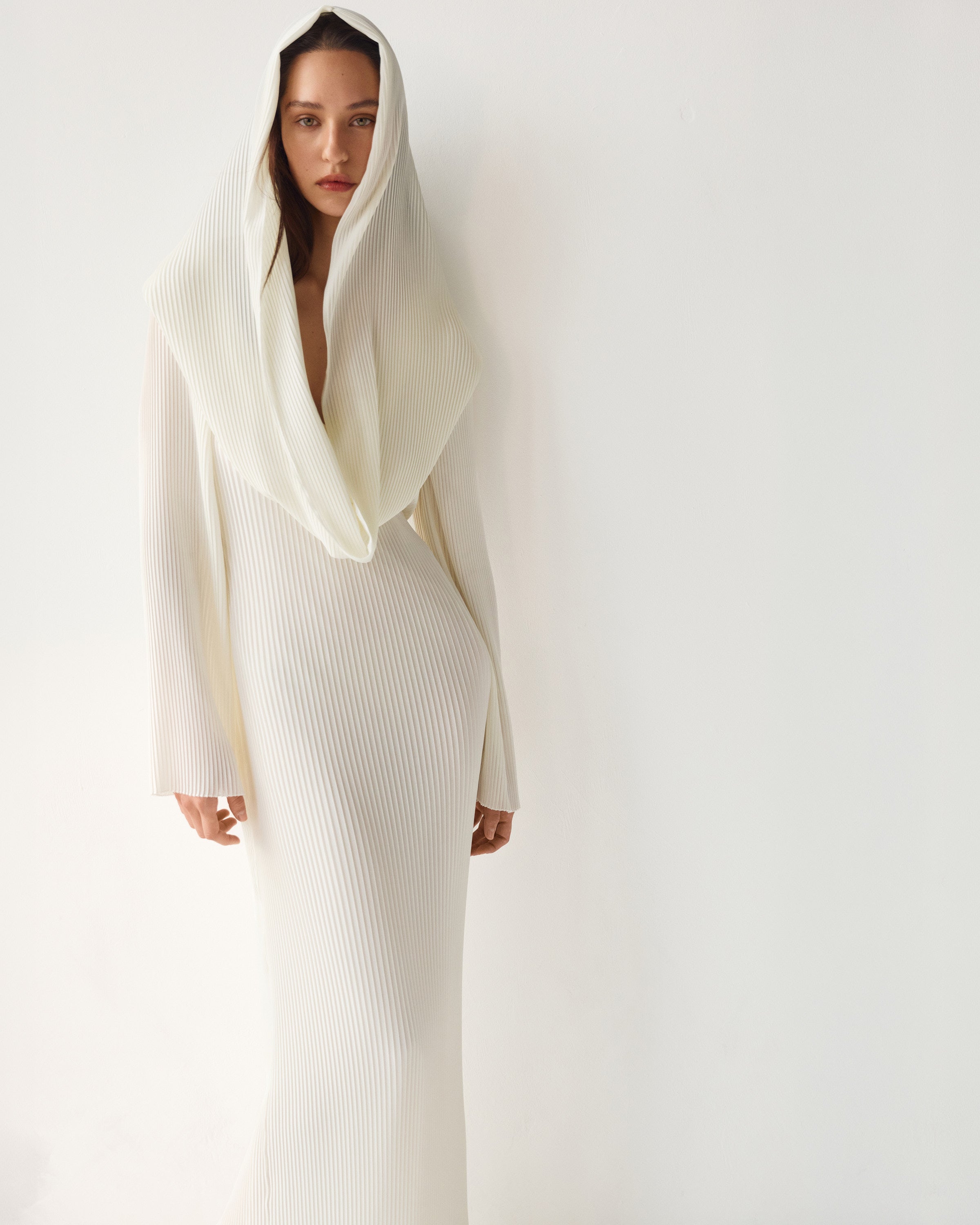 Polly Chiffon Dress by J'amemme — pleated chiffon gown with draped cowl collar