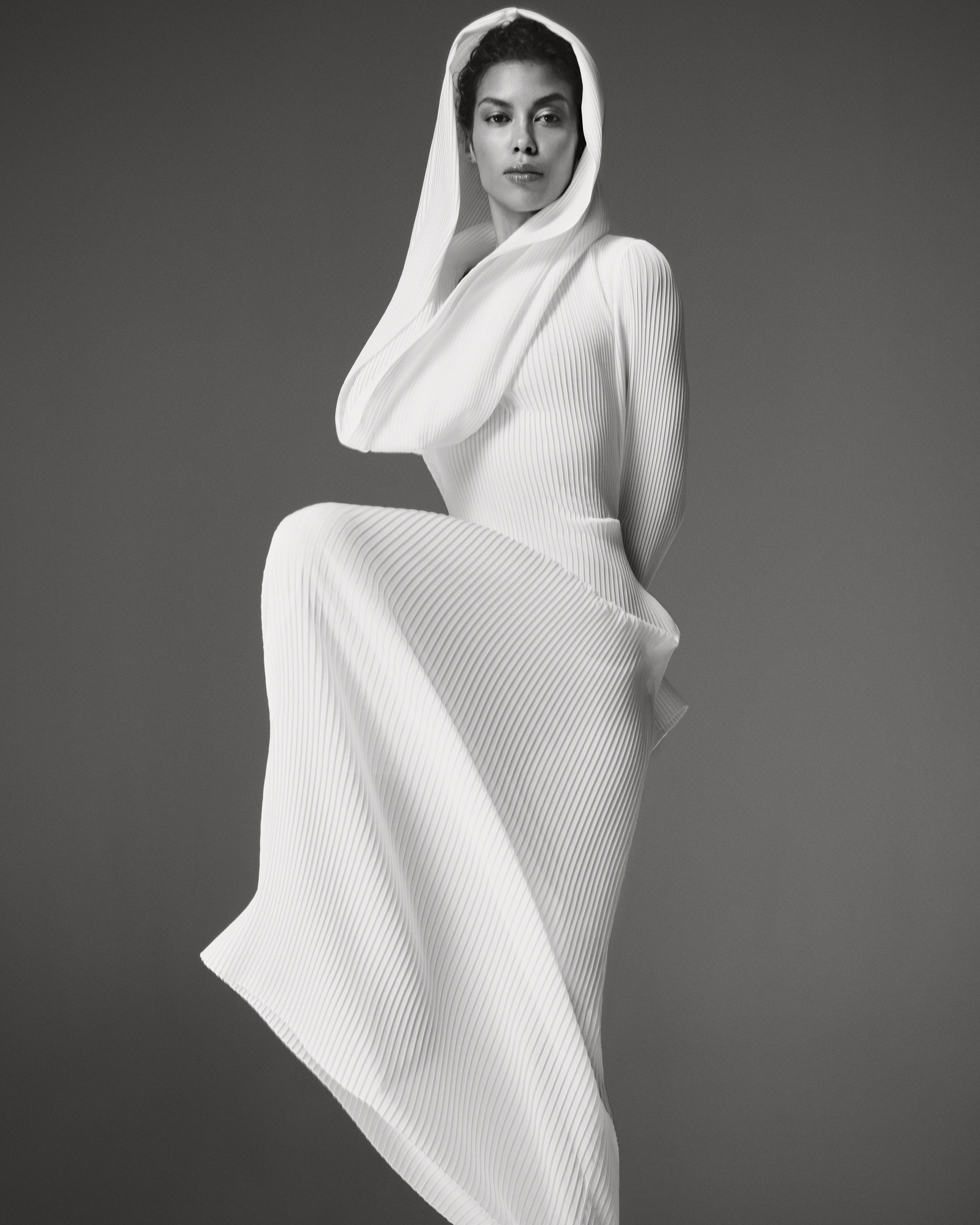 Polly Chiffon Dress by J'amemme — cowl worn as a hood, fitted pleated chiffon bridal gown