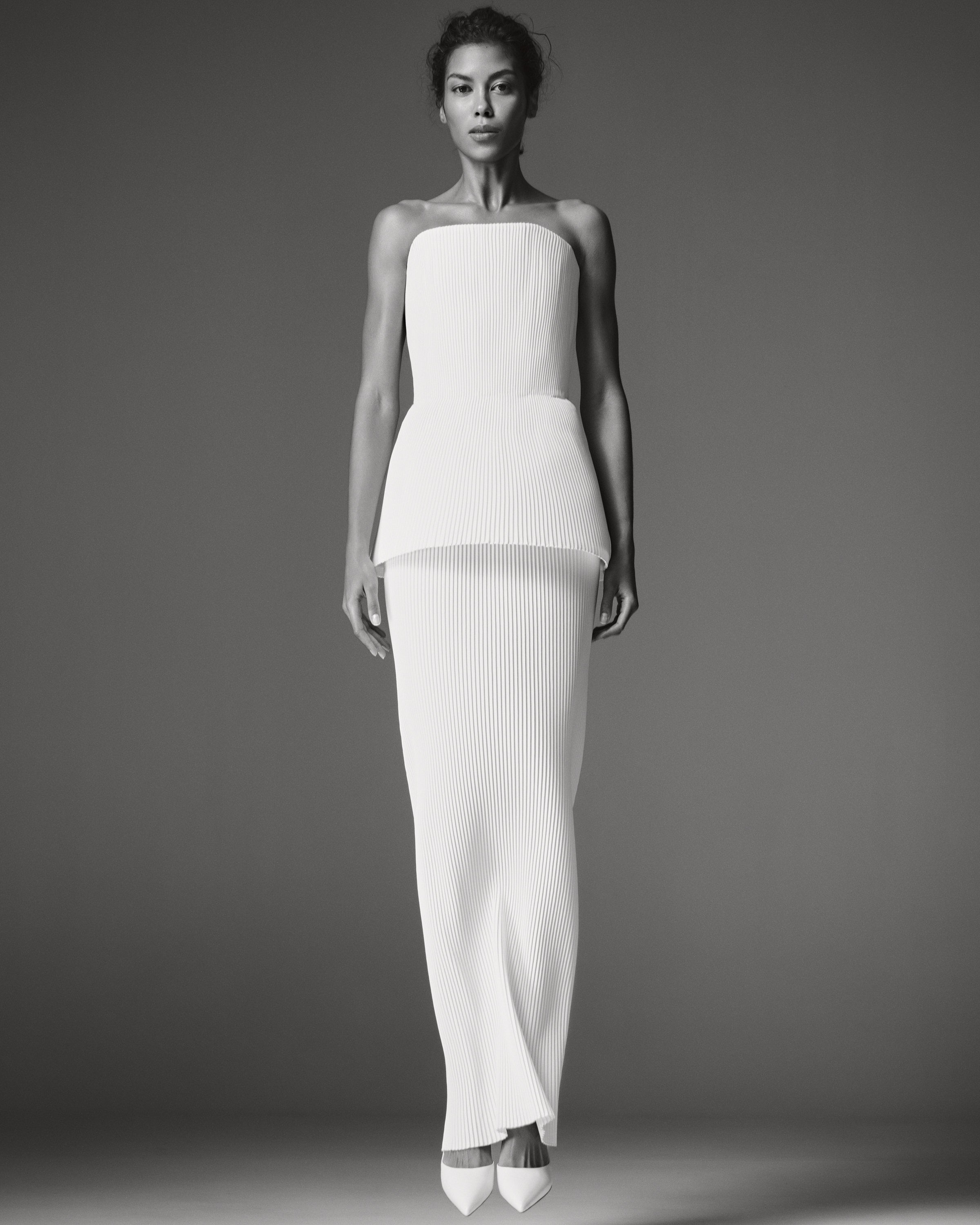 Rook Pleated Set by J'amemme — full-length front view of pleated bustier and maxi skirt set