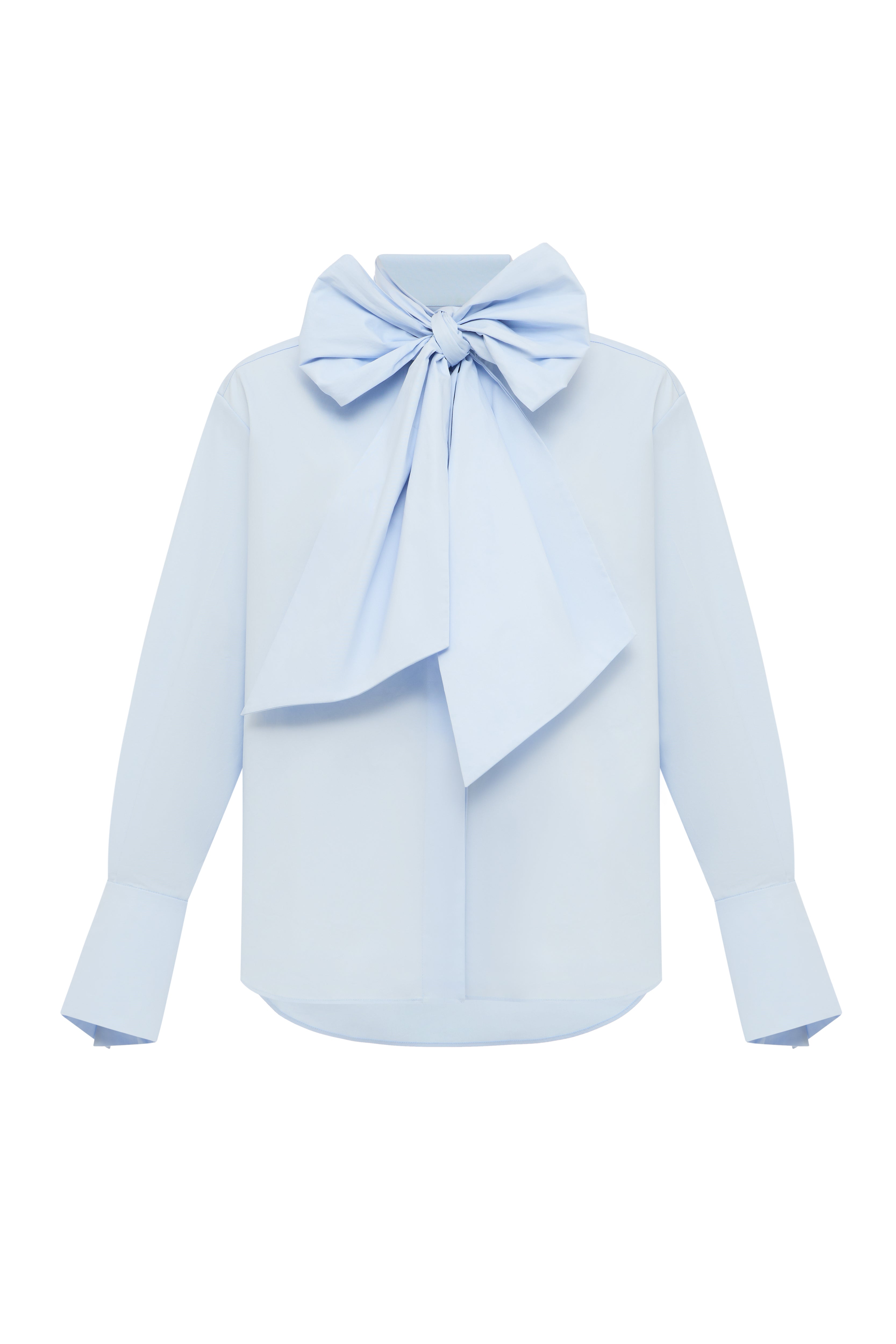 Scarf Detail Cotton Shirt in light blue with bow scarf accent by Jamemme, SS26 collection