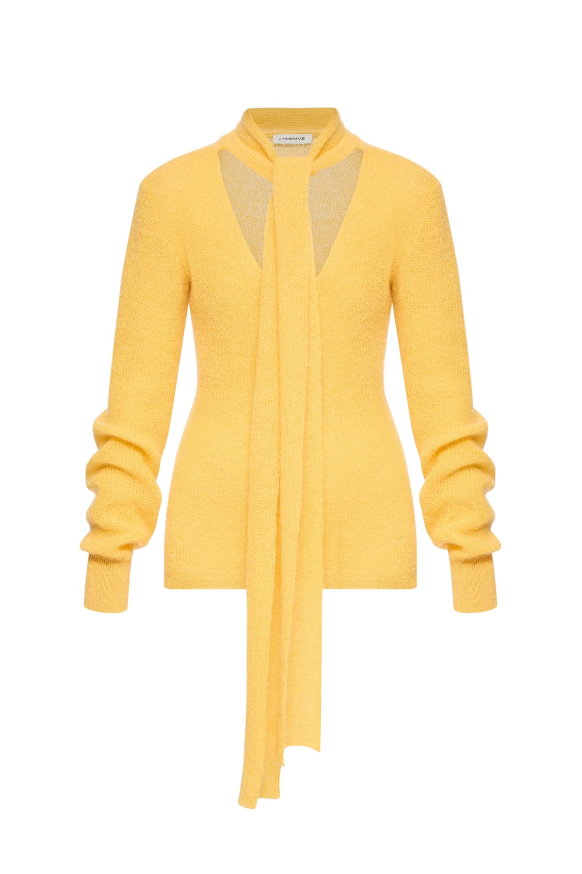 Jamemme Scarf Detail Knit Jumper in yellow - attached scarf neckline, 70% wool 30% silk, Spring-Summer 2026 collection