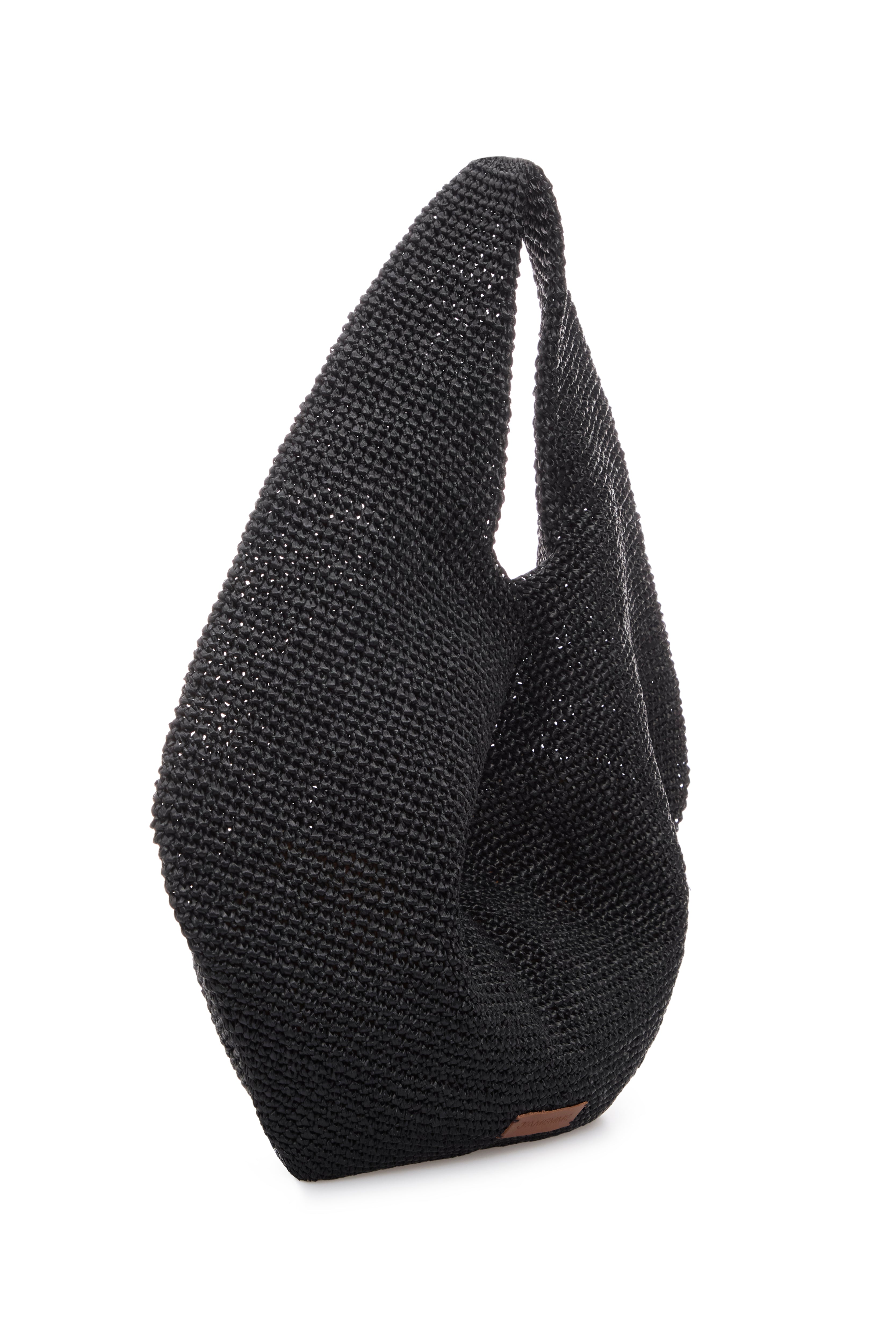 Black raffia beach bag shown from the side — J'AMEMME Summer