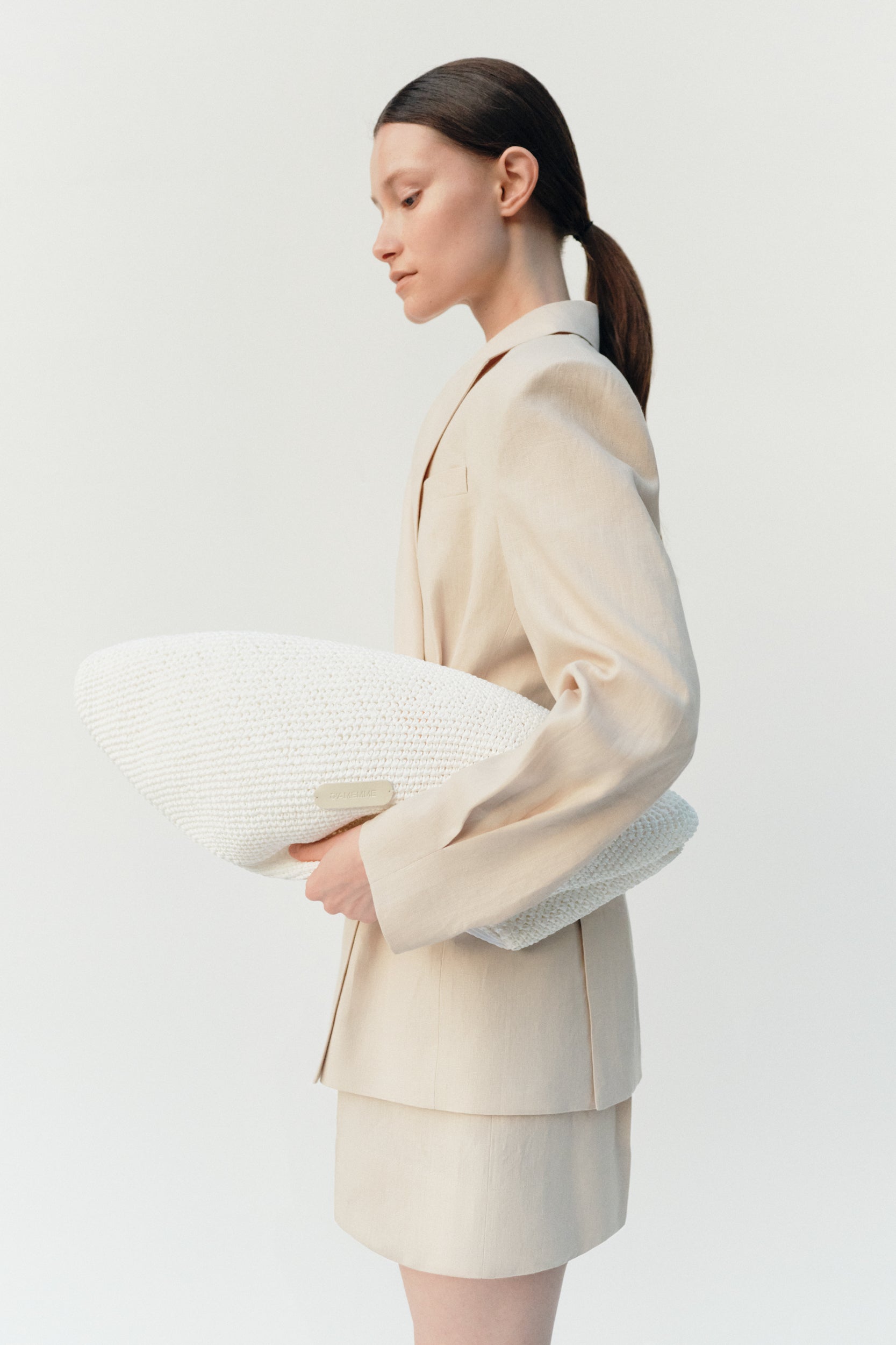 White raffia beach bag shown open — J'AMEMME Summer