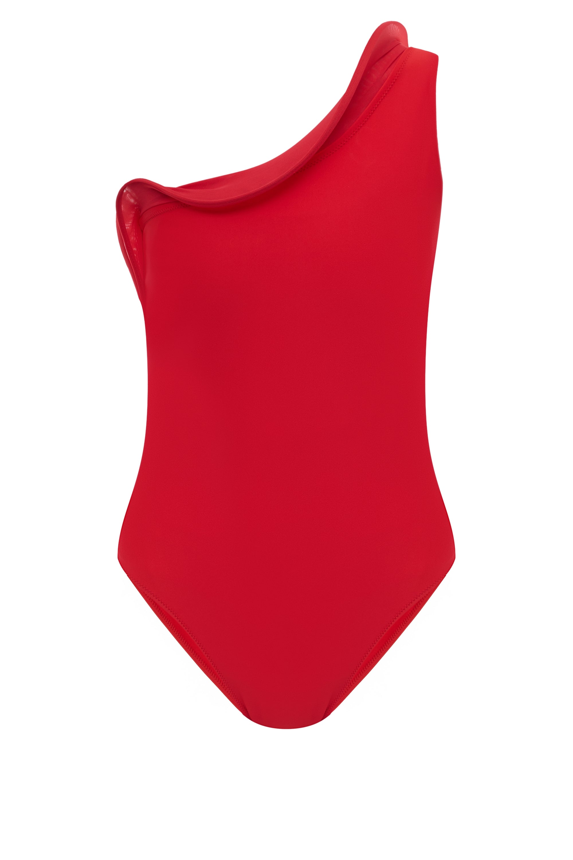 Red one-shoulder one-piece swimsuit with a sculpted wave inset, in Italian Carvico jersey — J'AMEMME Thelxie, Resort '27