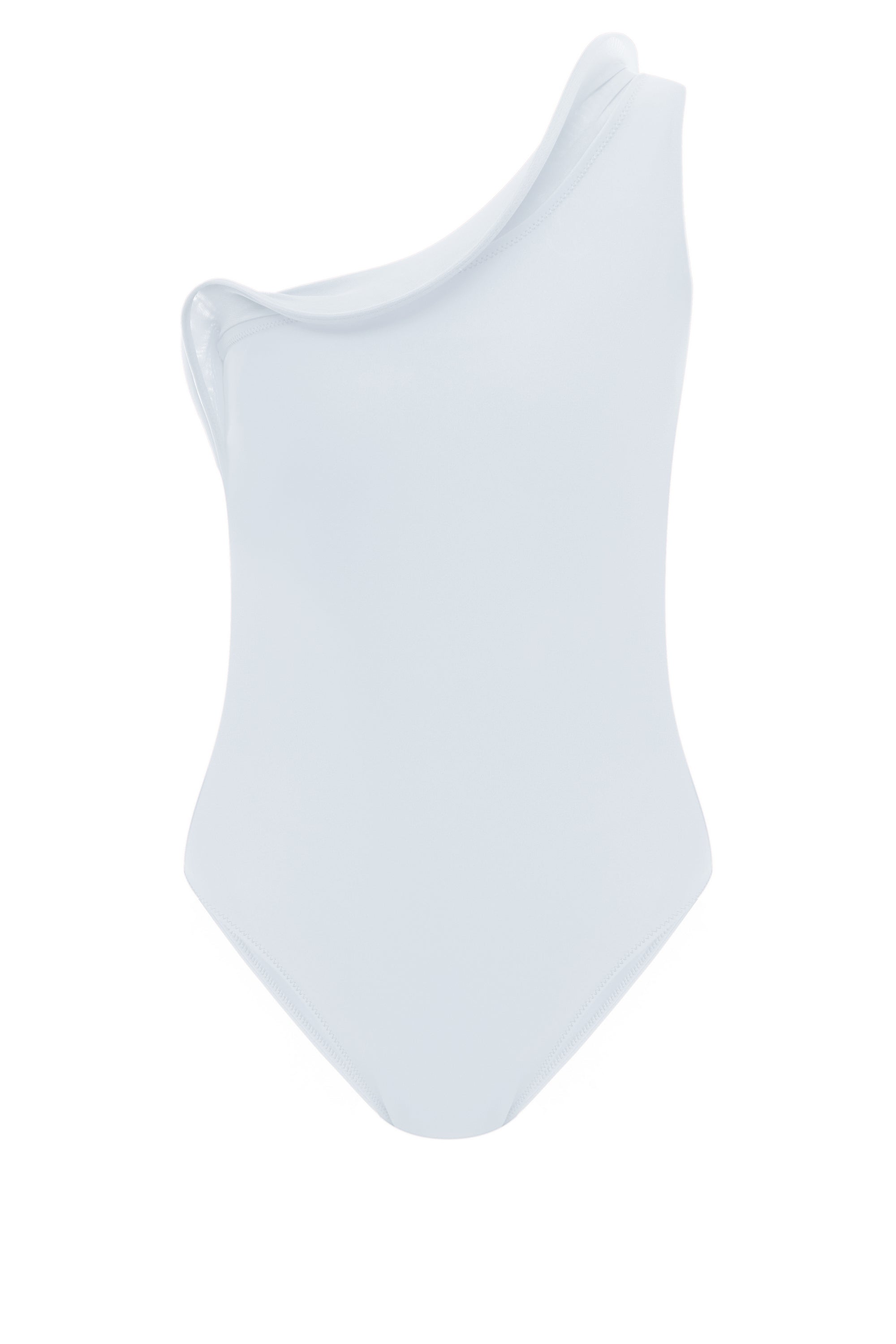 White one-shoulder one-piece swimsuit with a sculpted wave inset, double-lined Italian Carvico jersey — J'AMEMME Thelxie, Resort '27