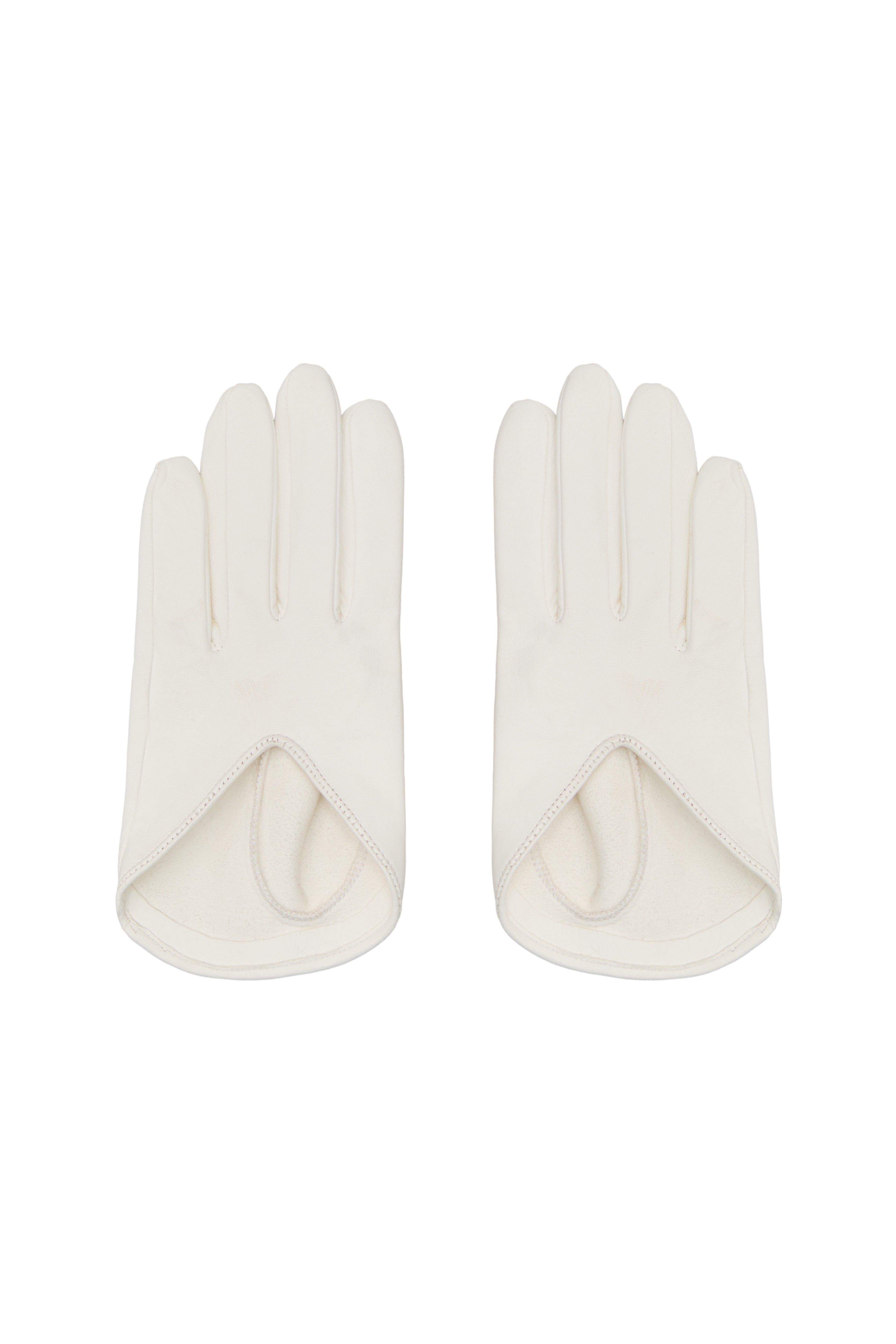 Jamemme V-Cut Mini Gloves in White - pair view, 100% genuine leather, V-cut back detail, Spring-Summer 2026
