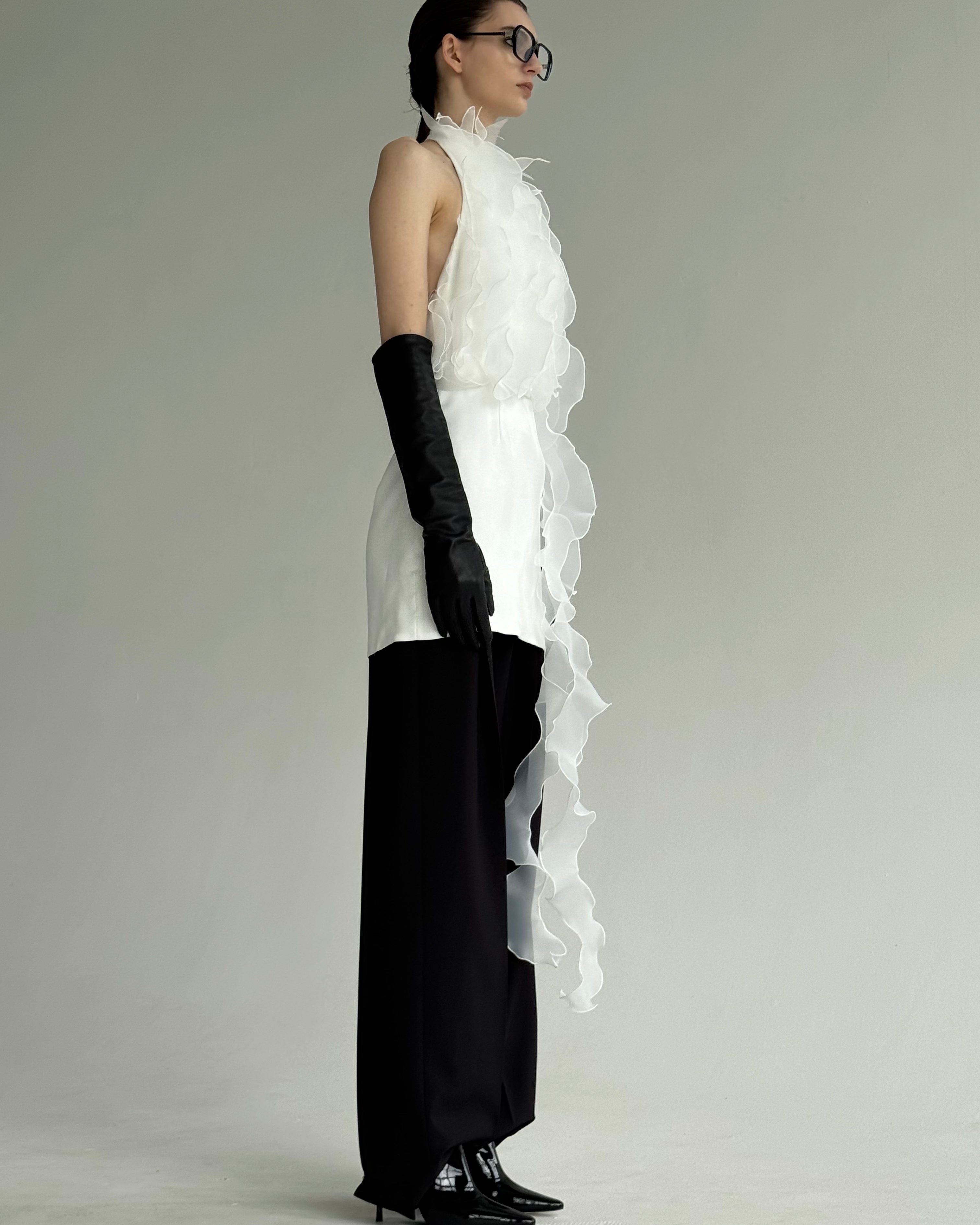 Jellyfish Dress in White by J'amemme — profile view showing dramatic sculptural silhouette, handmade bridal top