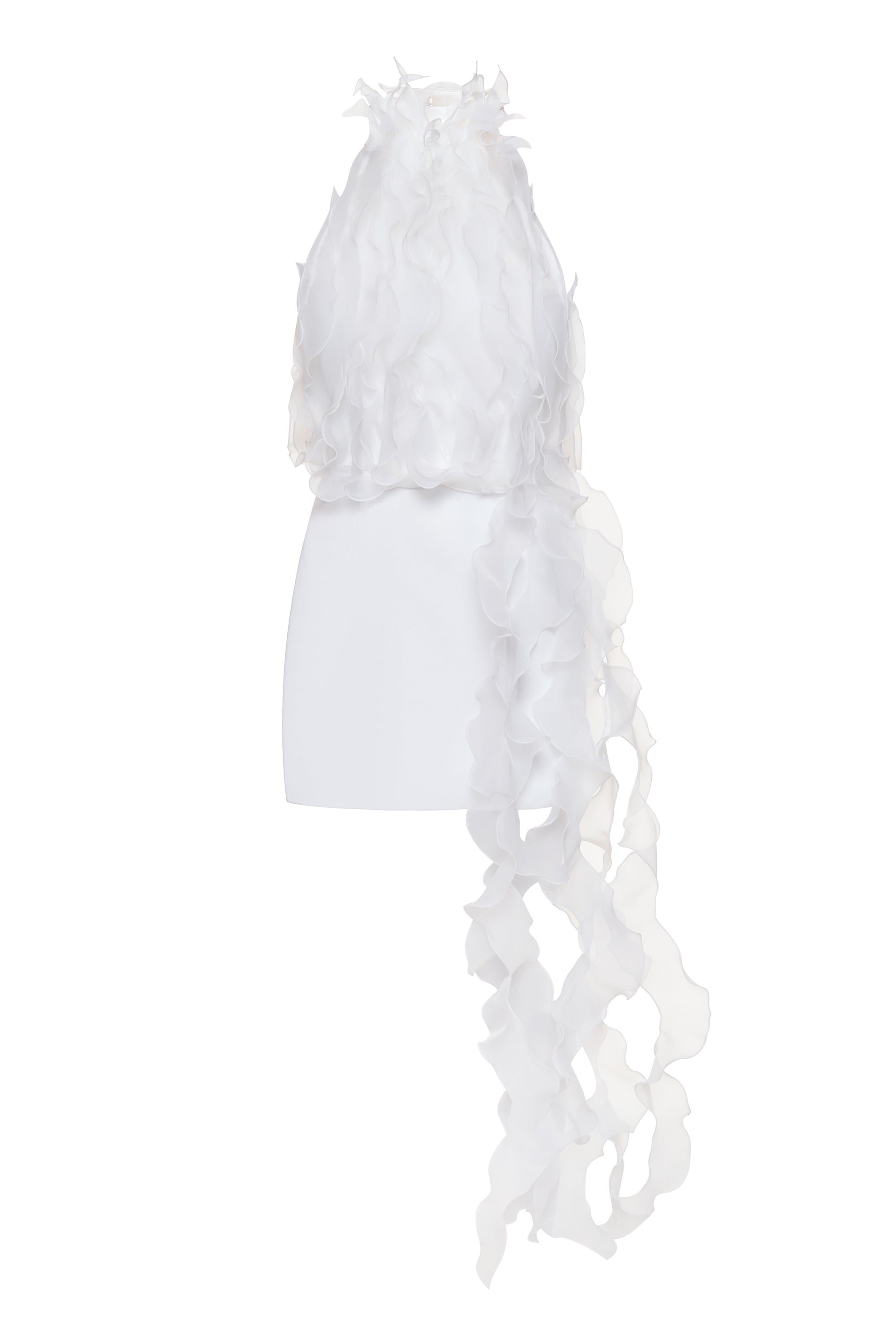 Jellyfish Dress in White by J'amemme — handmade bridal top with cascading organza ruffles, flat lay view