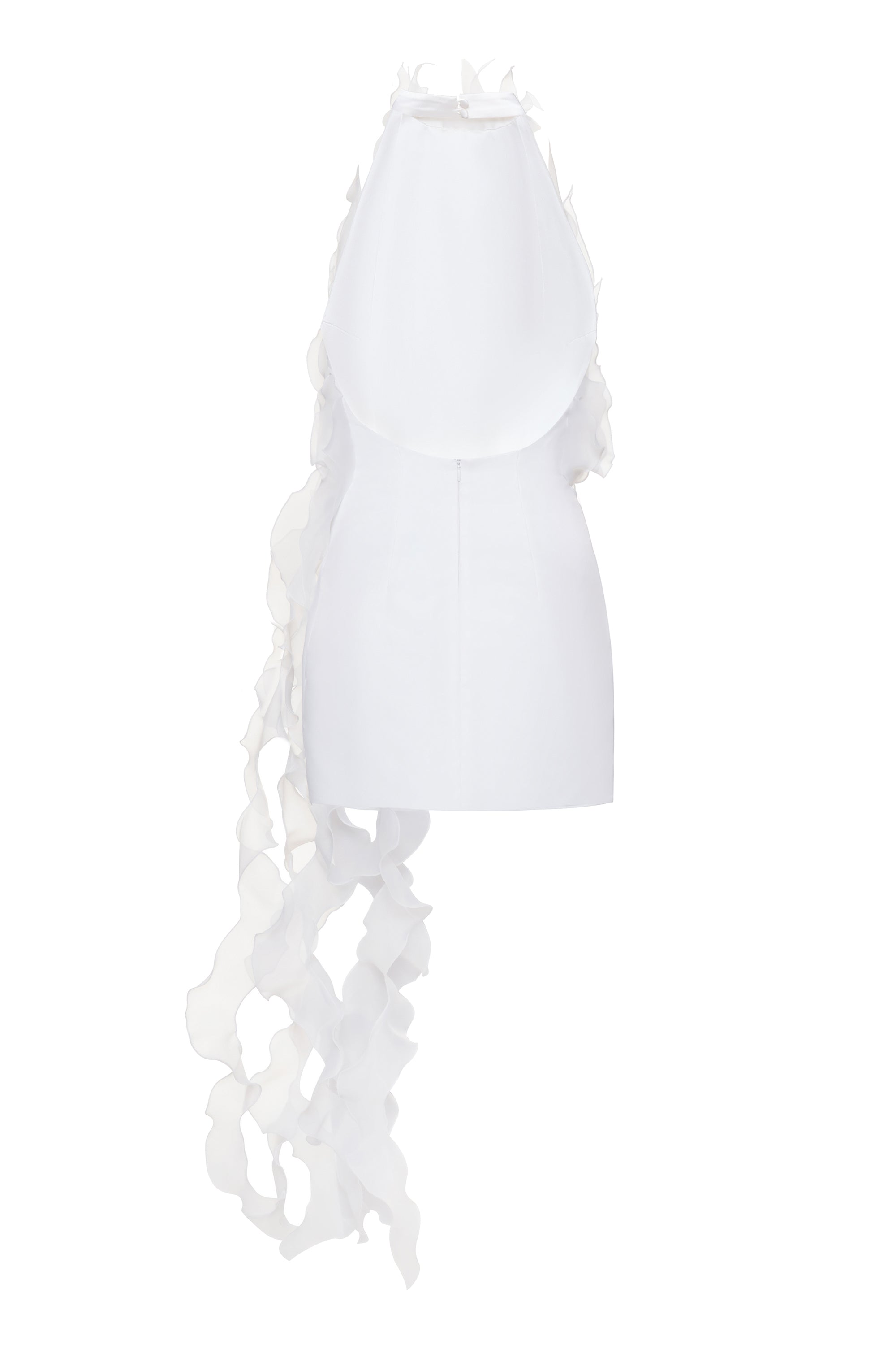 Jellyfish Dress in White by J'amemme — back view showing cascading organza ruffles, handmade bridal top