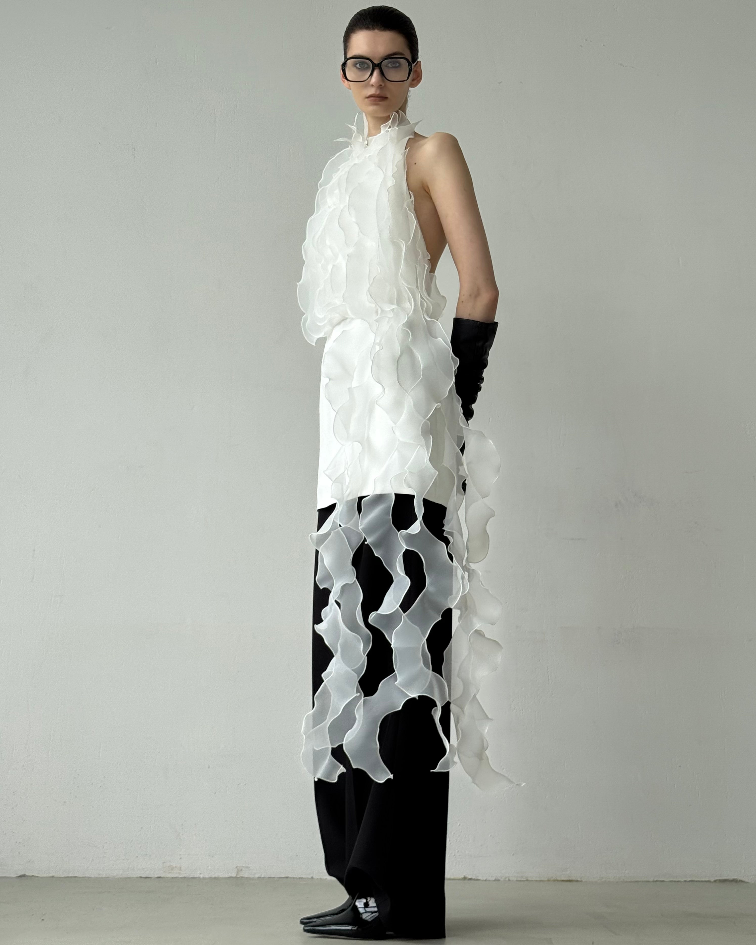 Jellyfish Dress in White by J'amemme — back view showing full-length cascading organza ruffles, bridal styling
