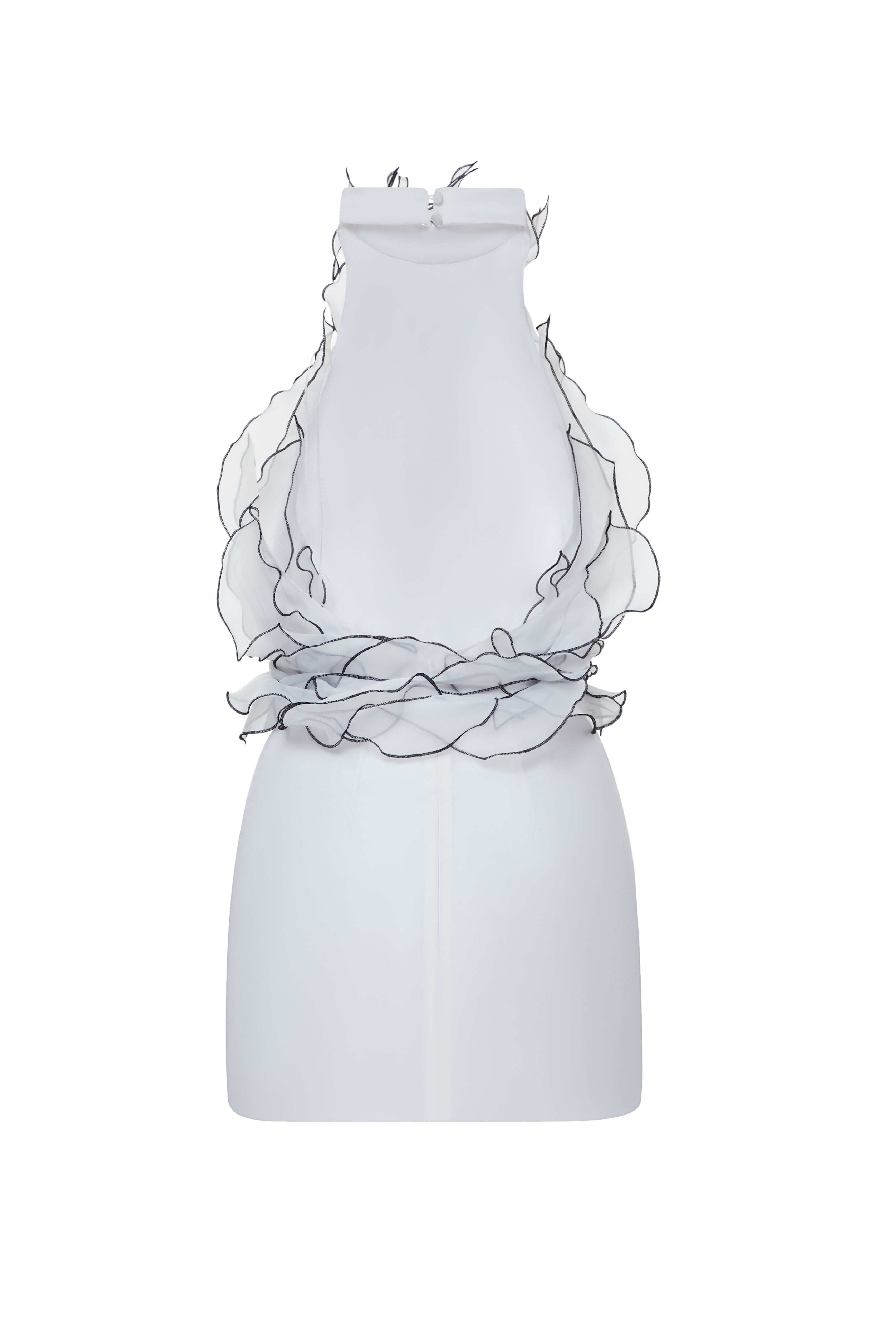 Jellyfish Dress by J'amemme — back view showing organza ruffle detailing around the bodice on mannequin