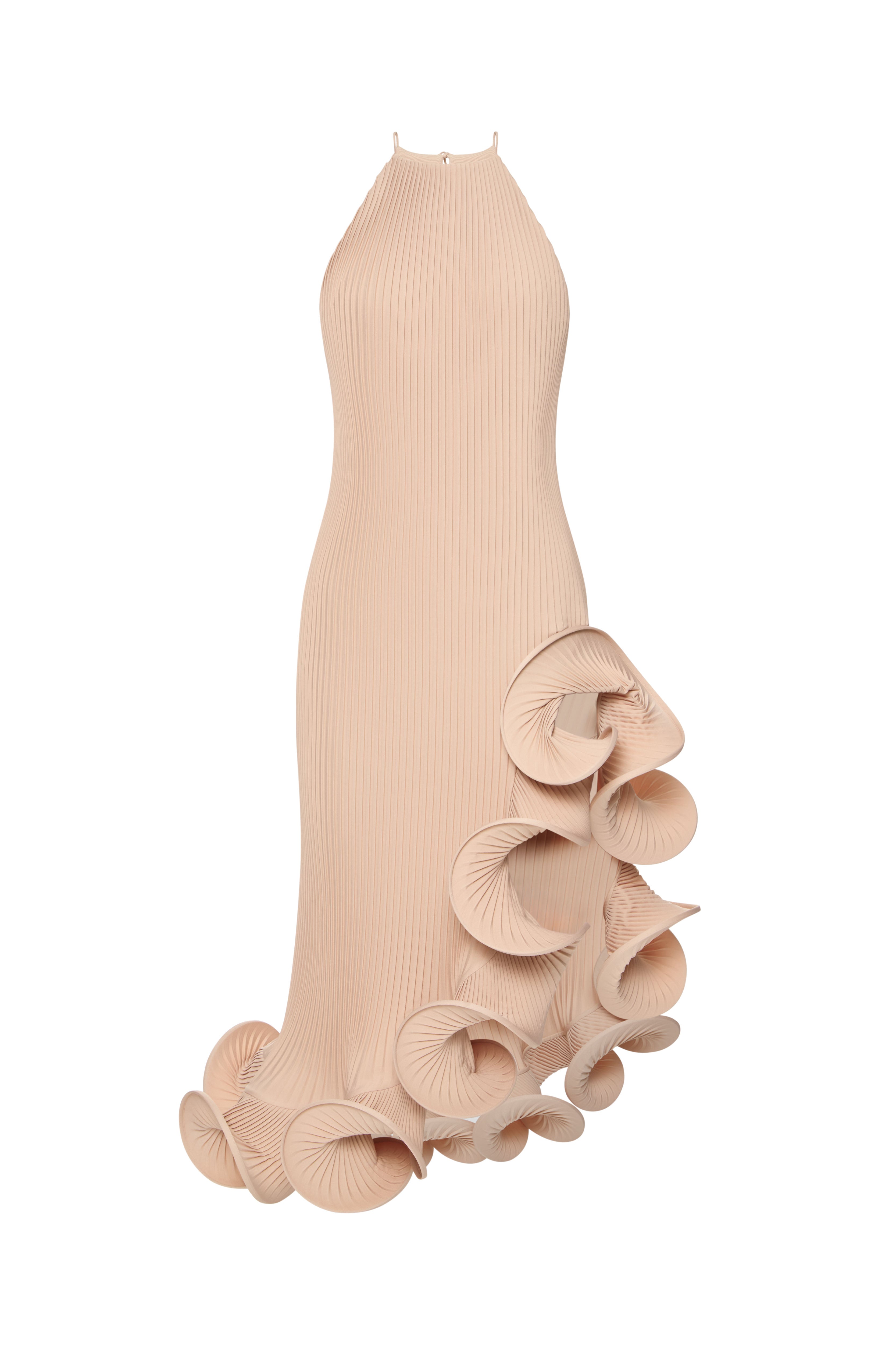 Loulou Dress Beige flat lay — handmade plissé halter maxi dress with sculptural rosette hem detailing on white background by J'amemme
