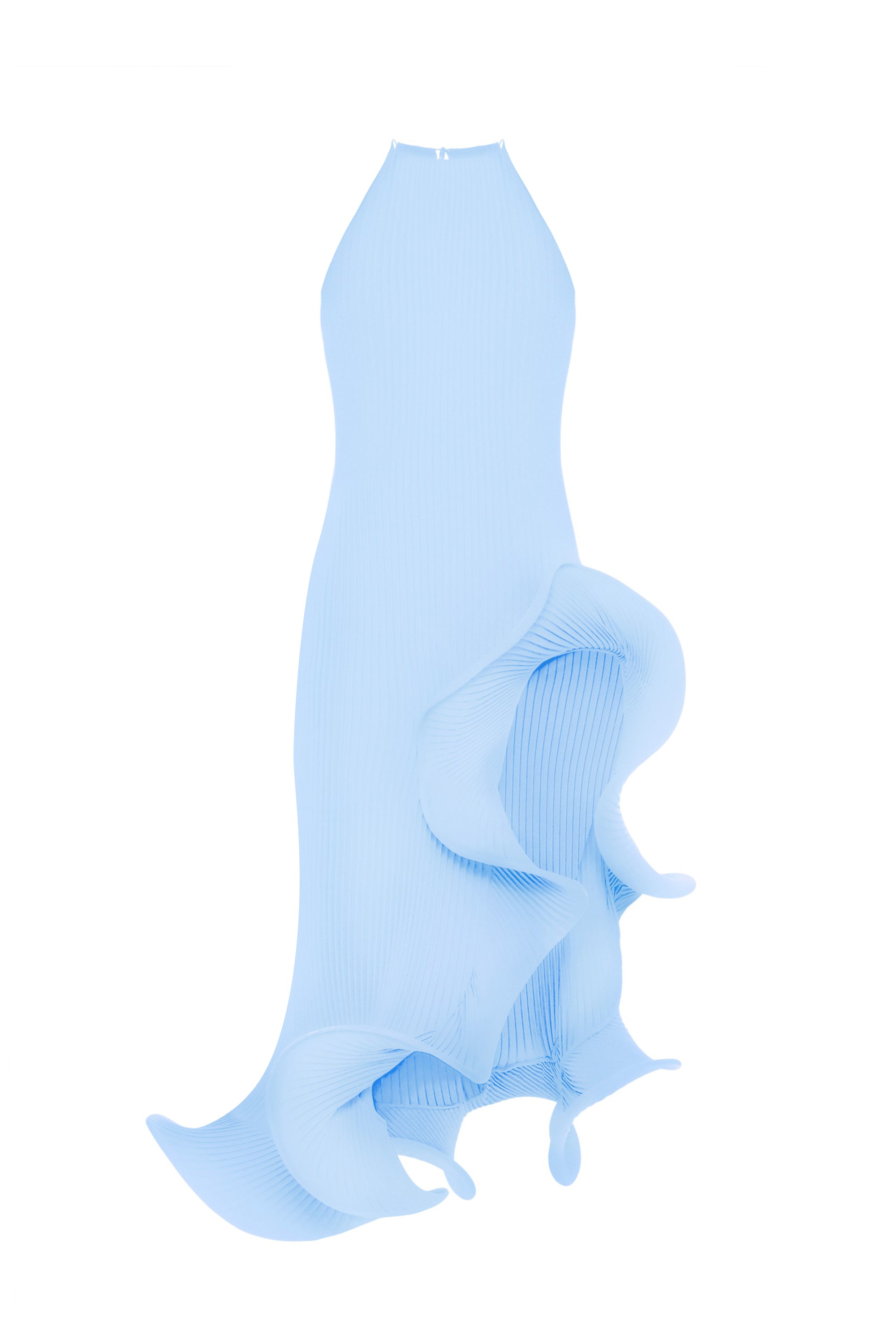 Loulou Dress Blue flat lay — handmade plissé halter maxi dress with sculptural rosette hem detailing on white background by J'amemme