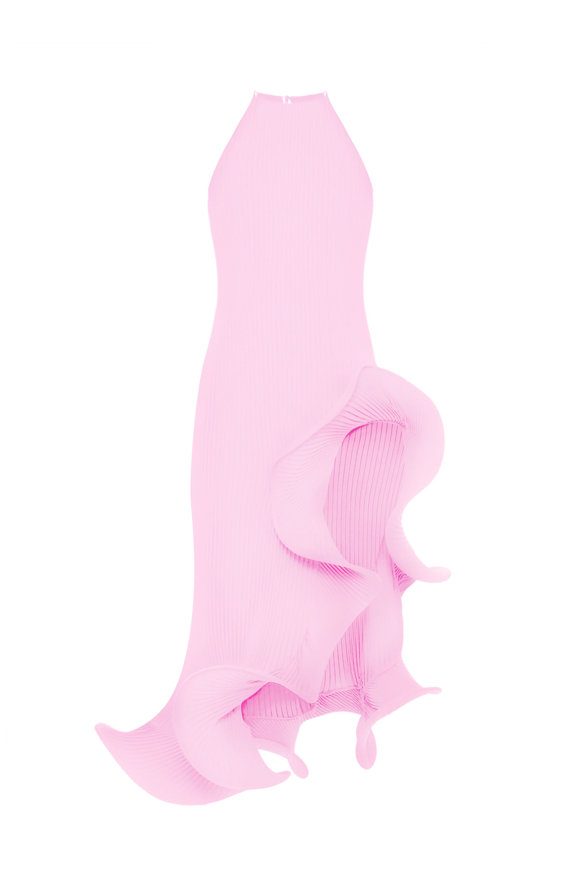 Loulou Dress Pink flat lay — handmade plissé halter maxi dress with sculptural rosette hem detailing on white background by J'amemme