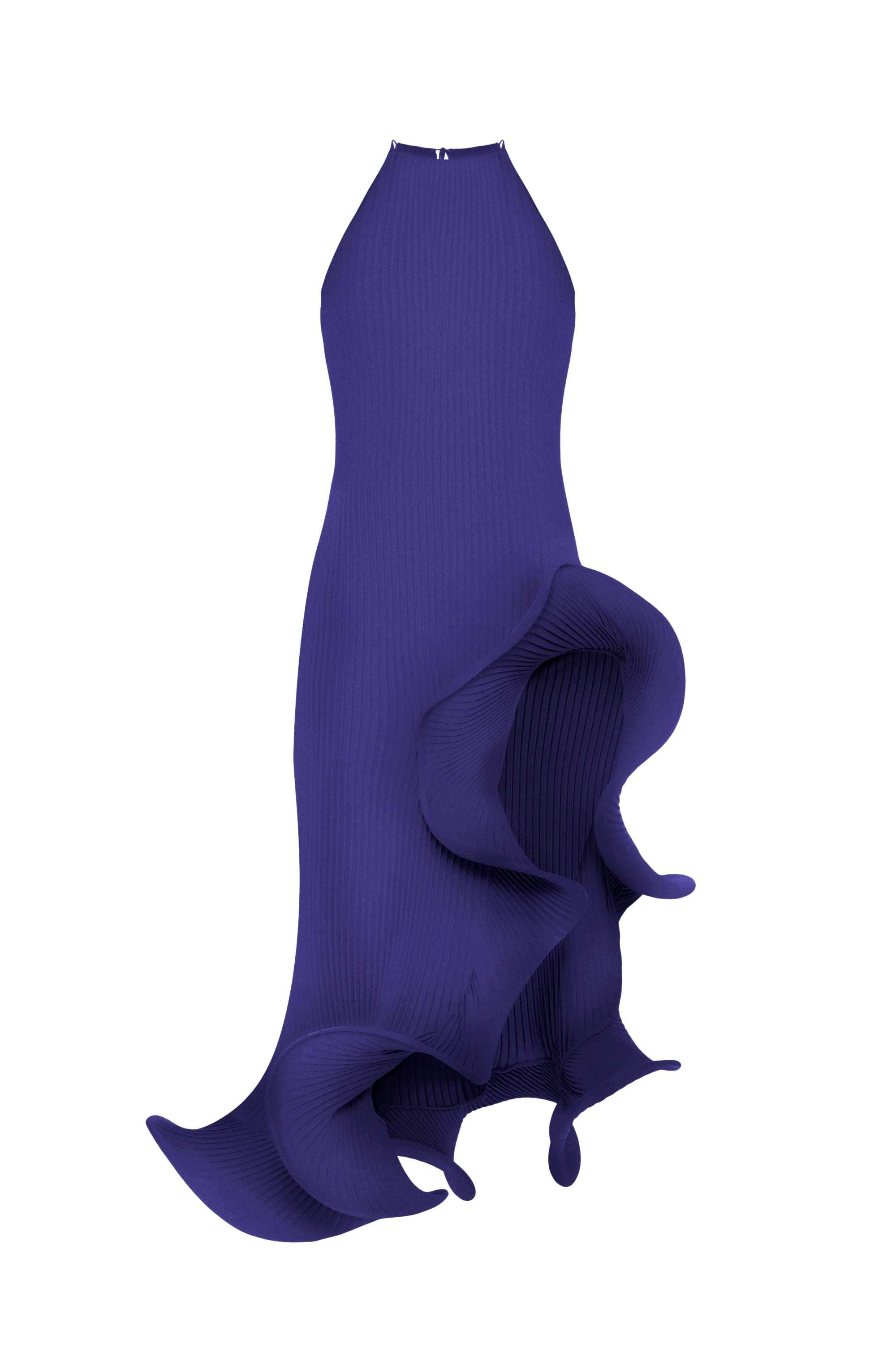 Loulou Dress Purple flat lay — handmade plissé halter maxi dress with sculptural rosette hem detailing on white background by J'amemme
