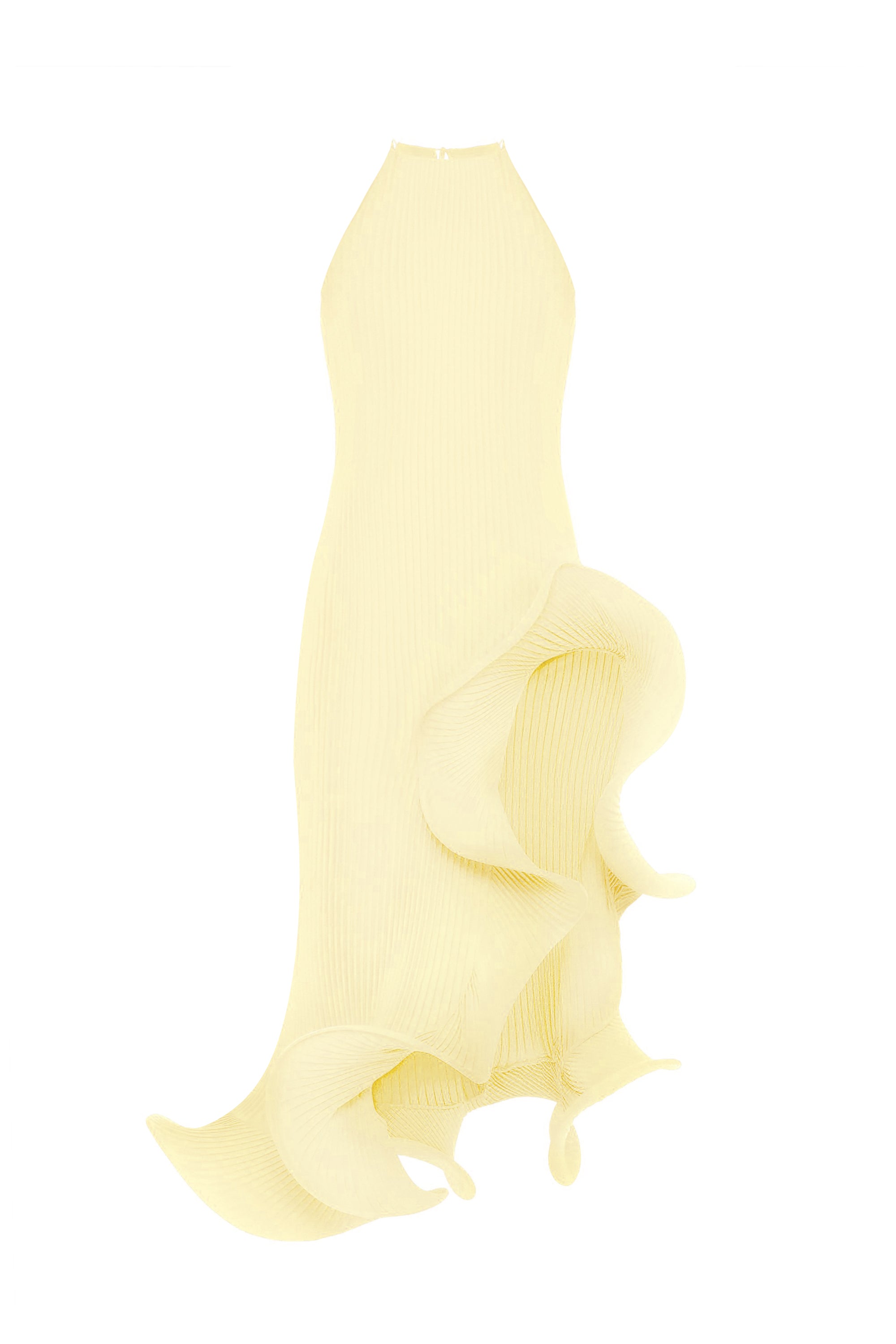 Loulou Dress Yellow flat lay — handmade plissé halter maxi dress with sculptural rosette hem detailing on white background by J'amemme