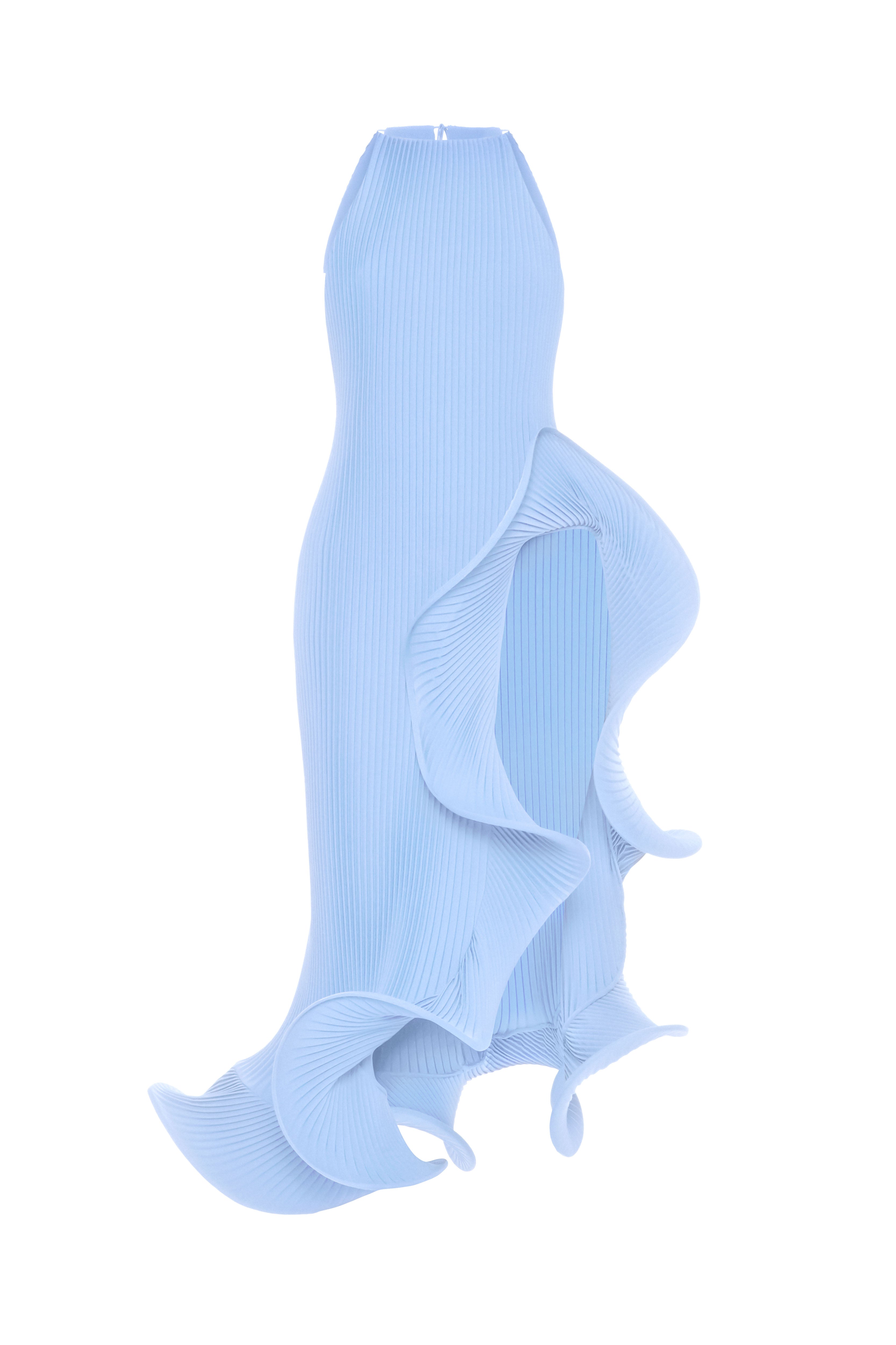 Loulou Set Blue flat lay — handmade plissé halter top and wide-leg trousers with sculptural rosette ruffle detail on white background by J'amemme