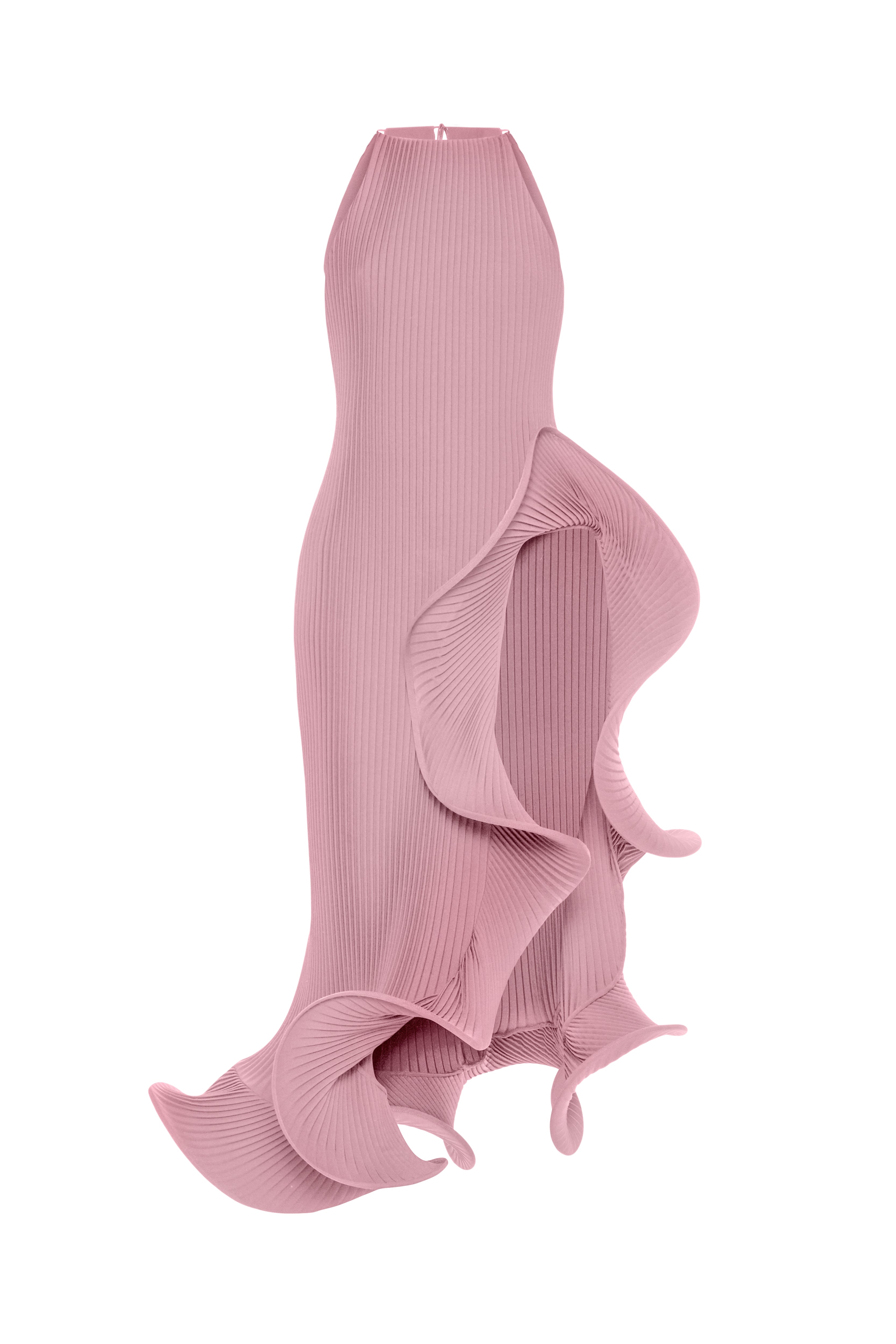 Loulou Set Blush Pink front view — handmade plissé halter top and wide-leg trousers with sculptural rosette ruffle detail, flat lay on white background by J'amemme