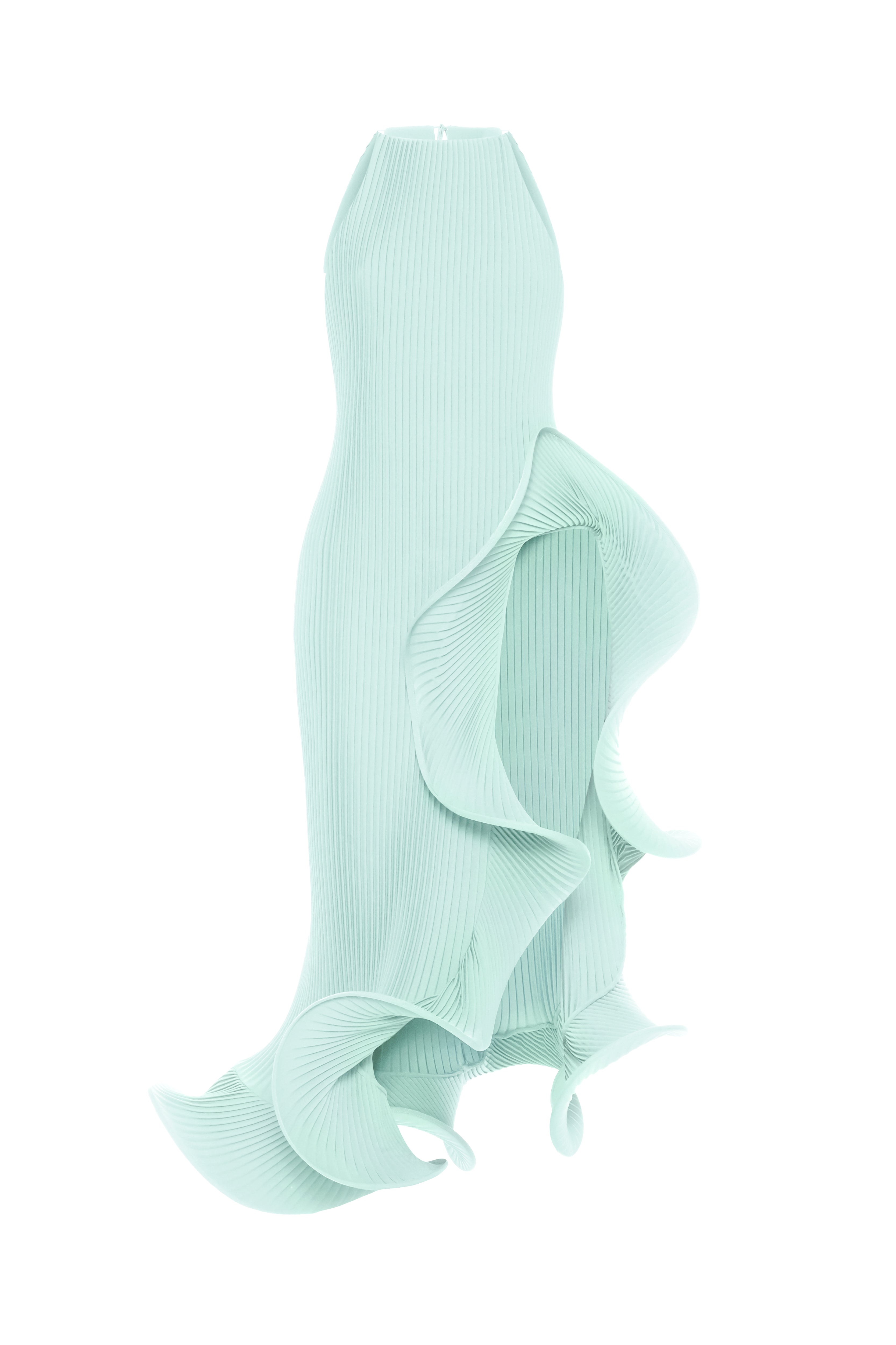 Loulou Set Mint flat lay — handmade plissé halter top and wide-leg trousers with sculptural rosette ruffle detail on white background by J'amemme