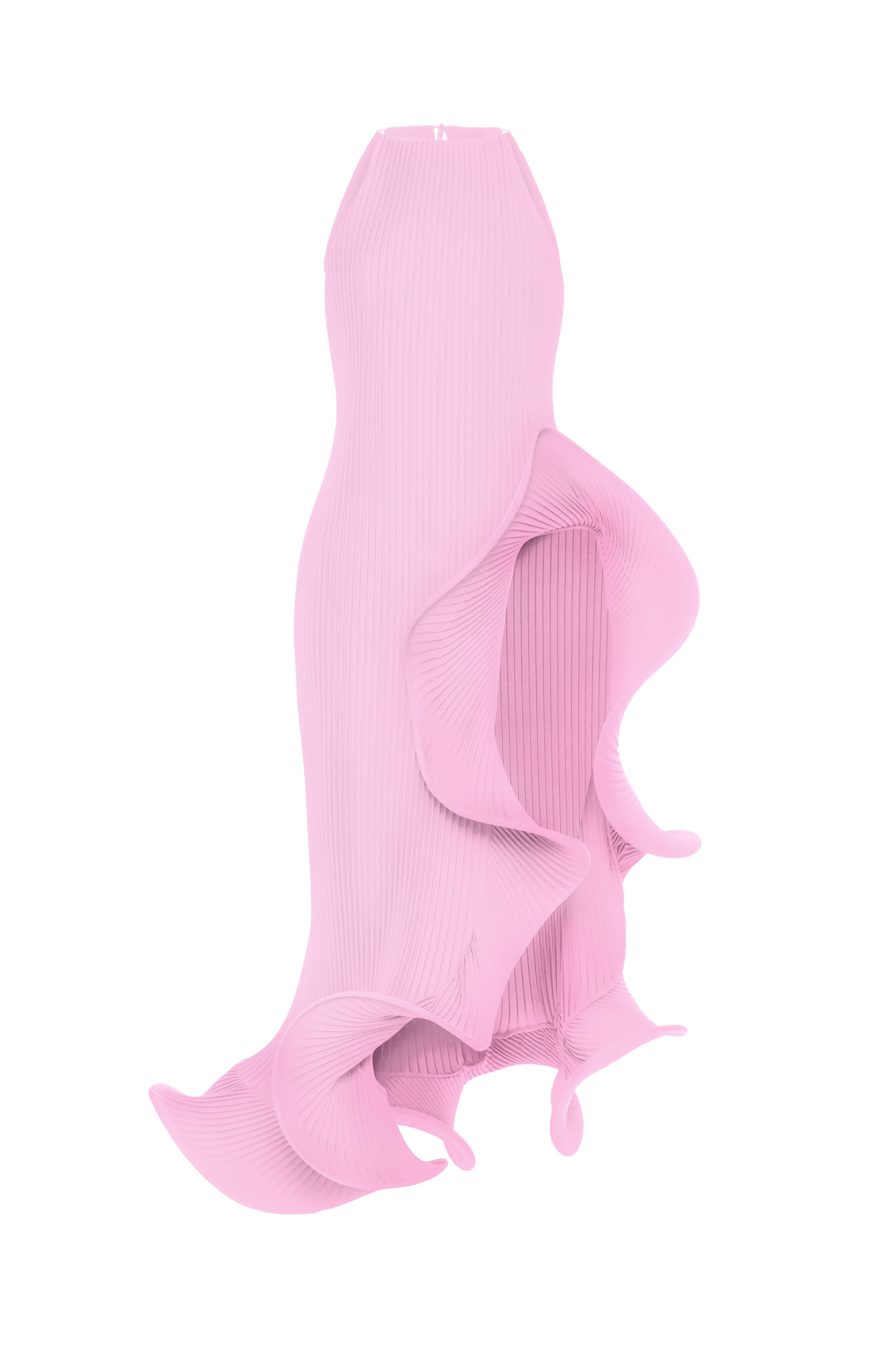 Loulou Set Pink front view — handmade plissé halter top and wide-leg trousers with sculptural rosette ruffle detail, flat lay on white background by J'amemme