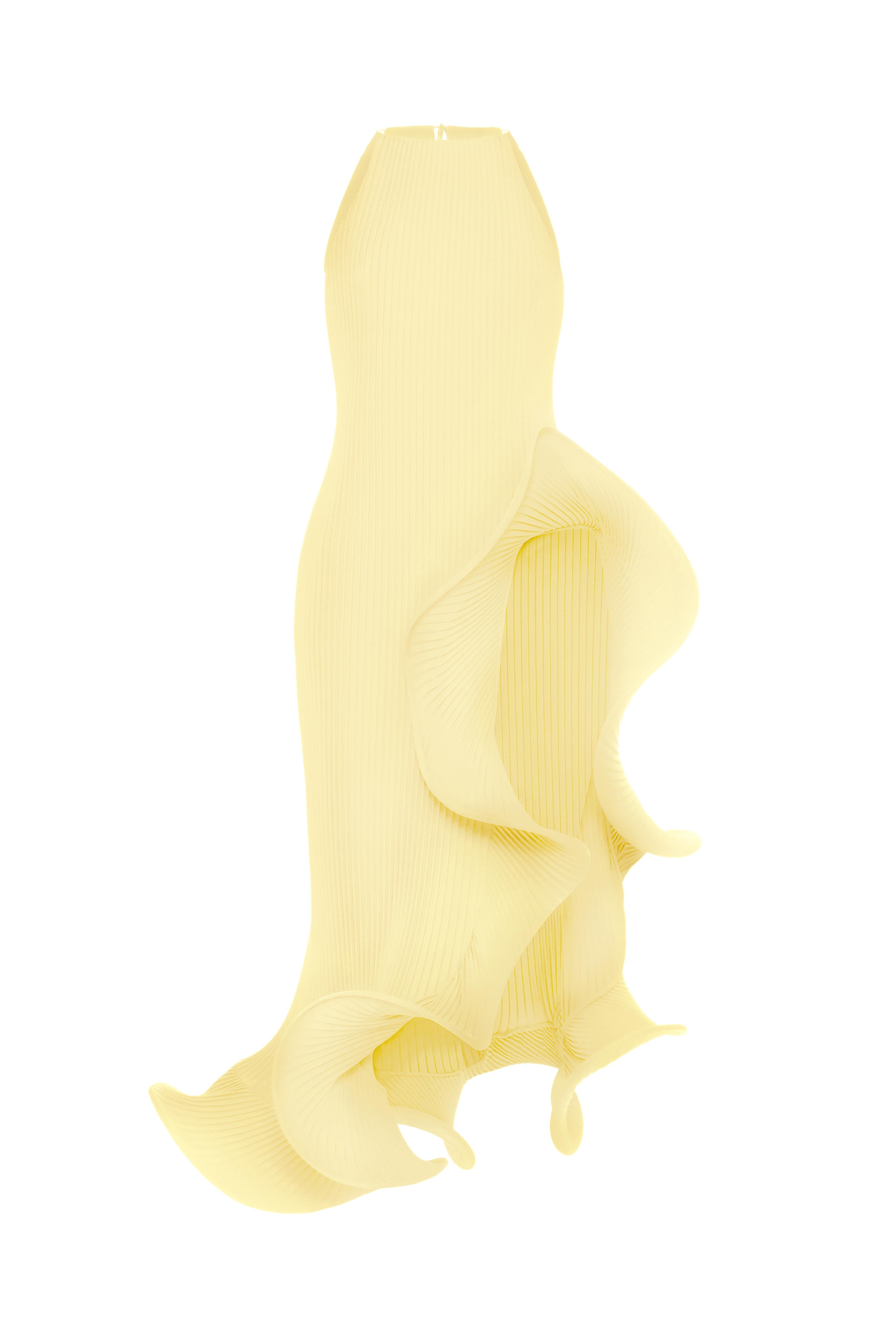 Loulou Set Yellow flat lay — handmade plissé halter top and wide-leg trousers with sculptural rosette ruffle detail on white background by J'amemme