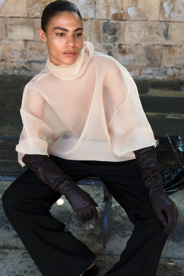 SEMI-SHEER BEIGE SCARF BLOUSE